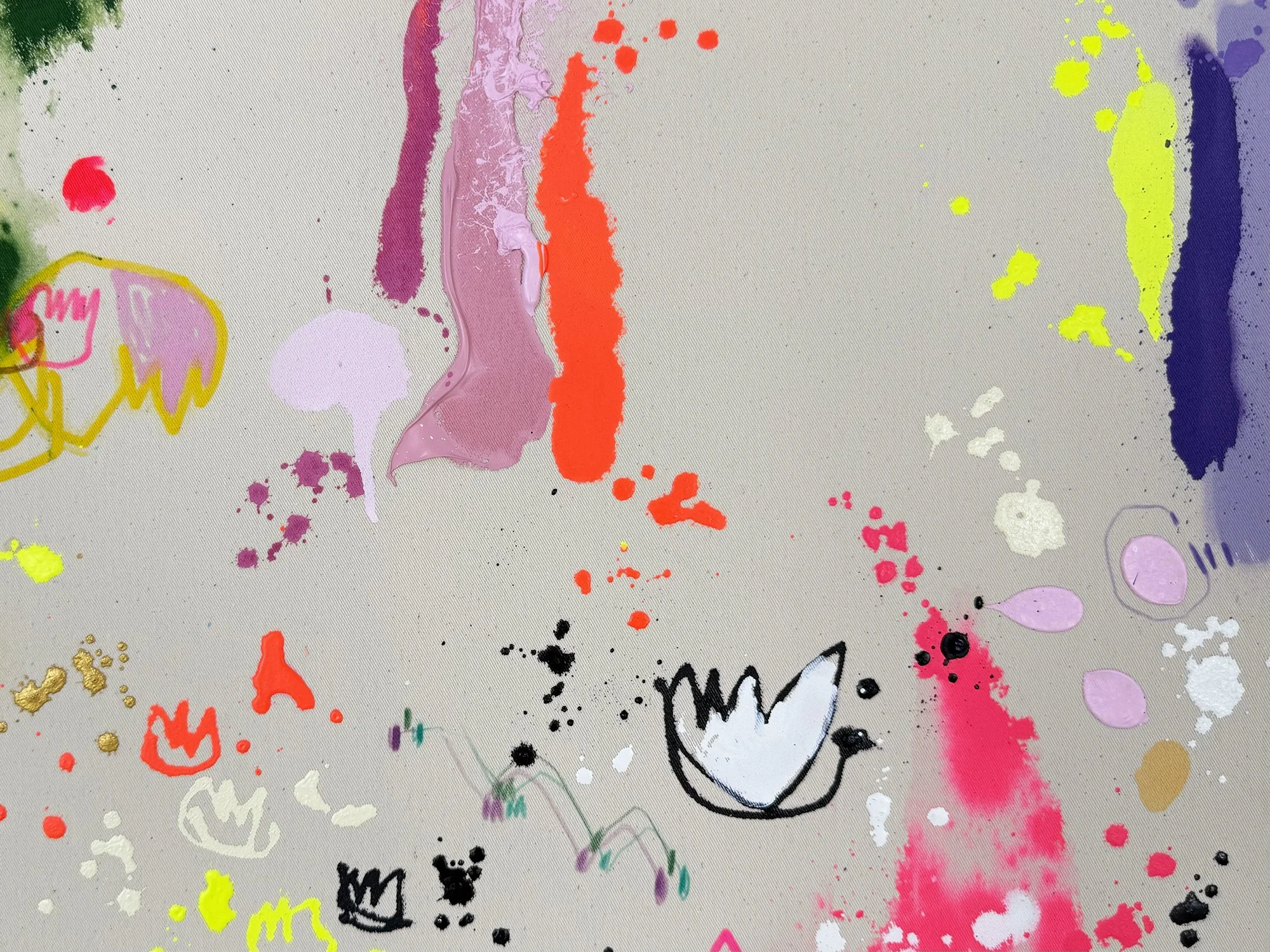 Detail of Frühlingstanz revealing layered paint drips, soft colour washes and spontaneous gestural marks on raw canvas