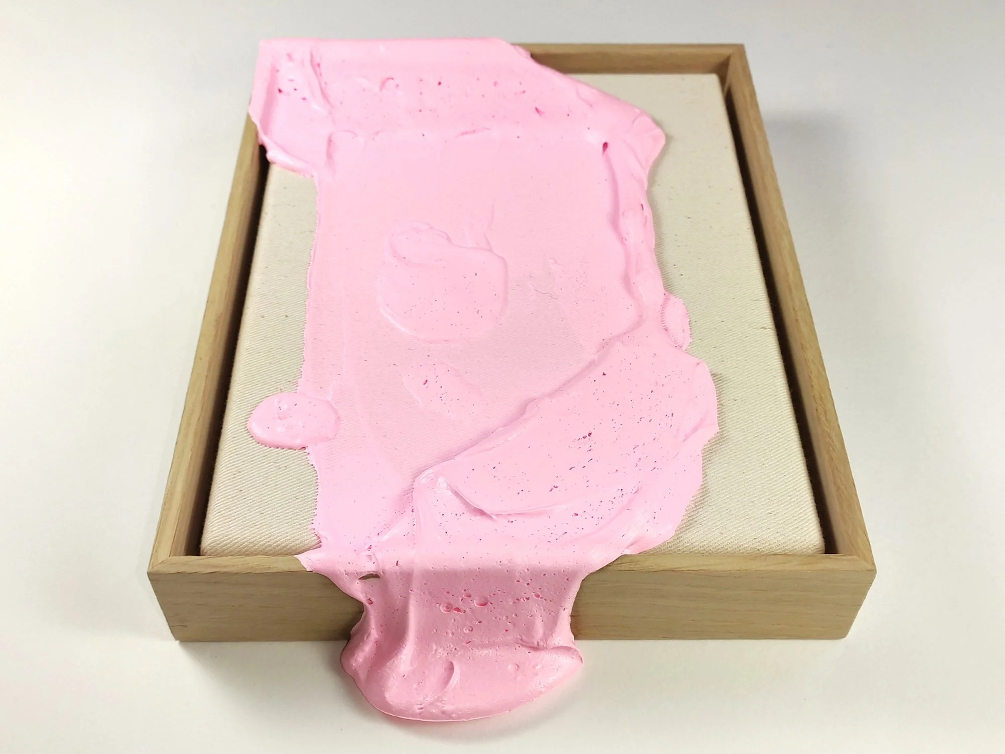 Detail of Bubblegum painting by Karen van de Vliet showing sculptural paint layers and luminous pink colour