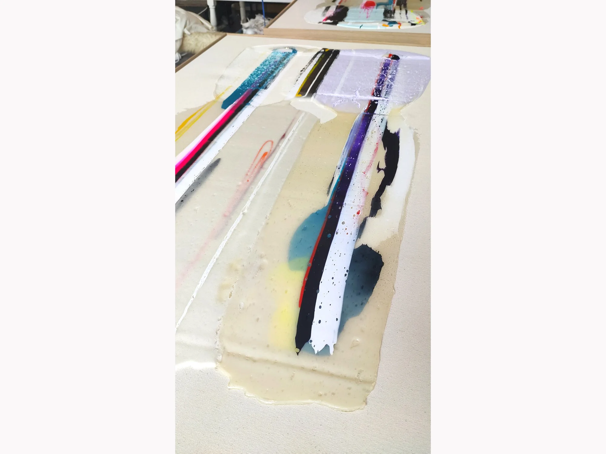 Close-up of layered paint and transparent textures in Transparant #9 by Karen van de Vliet showing colour depth and material surface