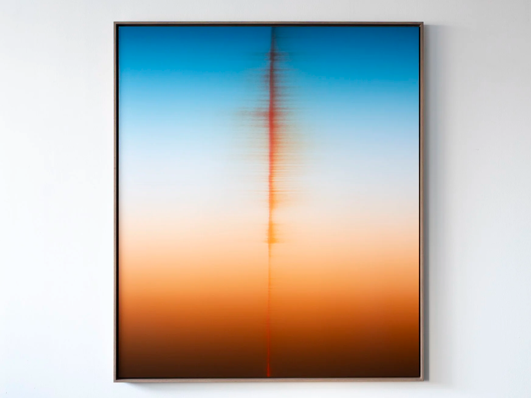 The Tightrope Walker by Donald Schenkel, a framed abstract oil painting with a cyan-blue, pale-peach and dark-brown gradient crossed by a fine red line.