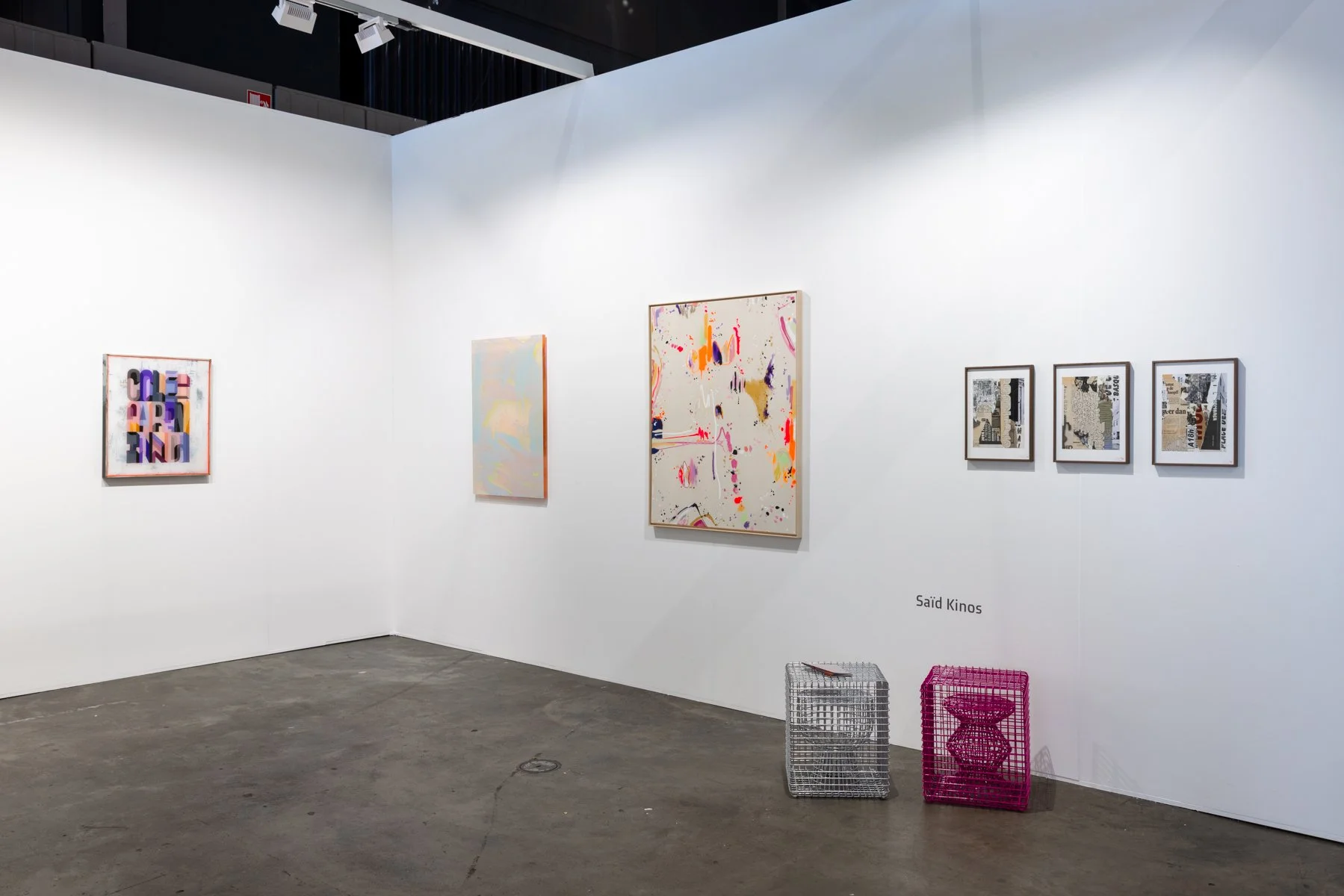 Group presentation of contemporary artworks including bold paintings, layered photography and works on paper at Root Gallery’s booth