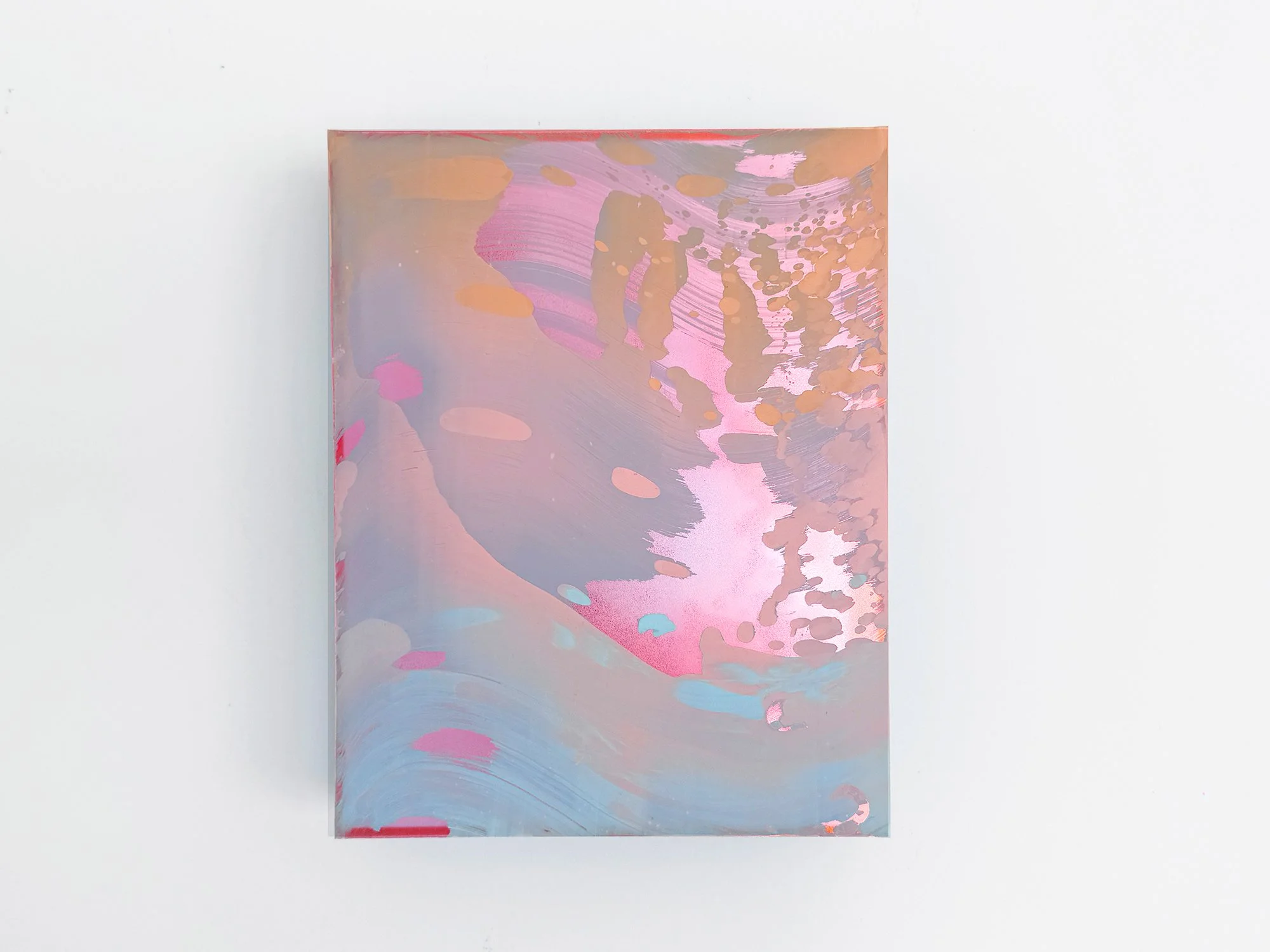 Front view of Desert Modernism IX by Lisette Schumacher, an abstract artwork in soft pink, blue and warm tones, displayed on a white wall.