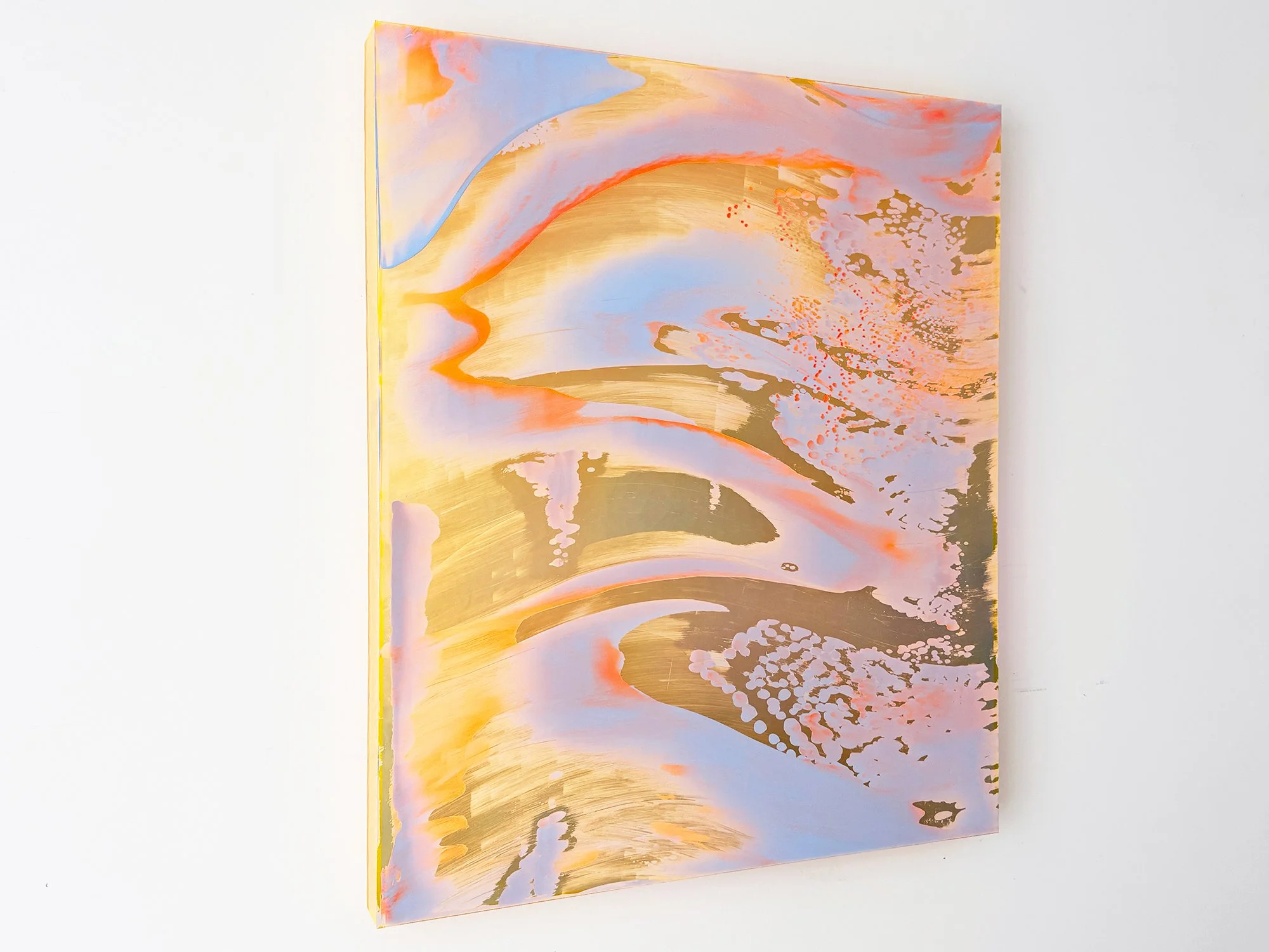 Side view of abstract artwork with translucent plexiglass edges and glowing yellow tones, mixed media by Lisette Schumacher