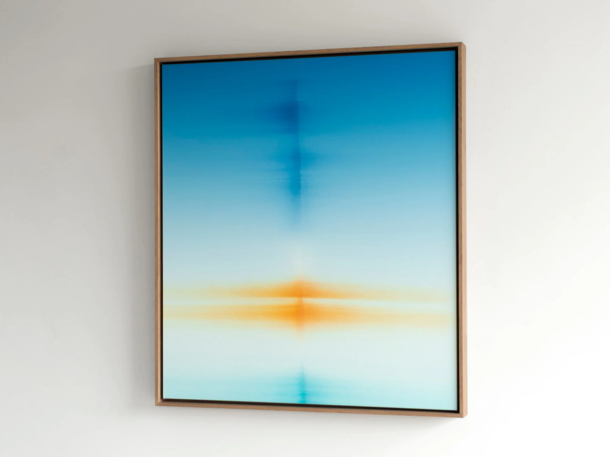 Side view of The Observed by Donald Schenkel, showing the layered blue painting in its natural wooden frame.