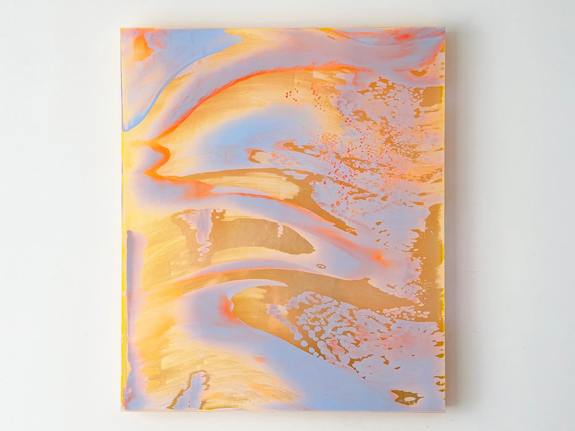 Abstract artwork by Lisette Schumacher with luminous gold, soft blue and coral tones, layered on plexiglass, Coachella Views series