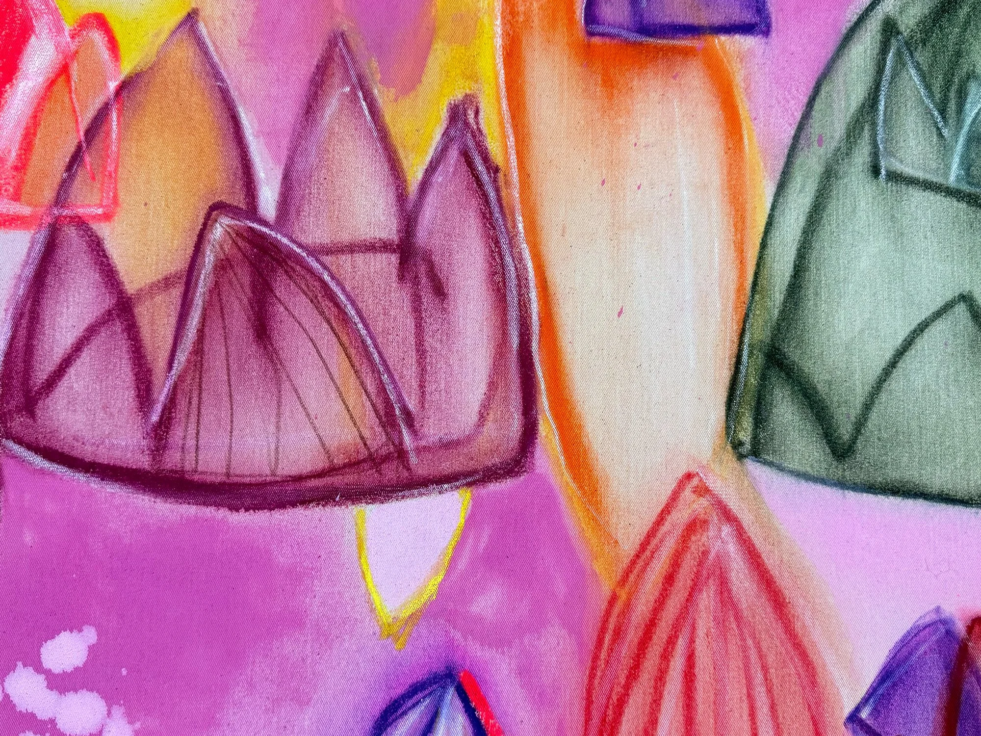 Detail of Dreams and Hope by Vera Klaus showing layered pink, blue, red and yellow forms, translucent paint, drawn lines and mixed-media textures.