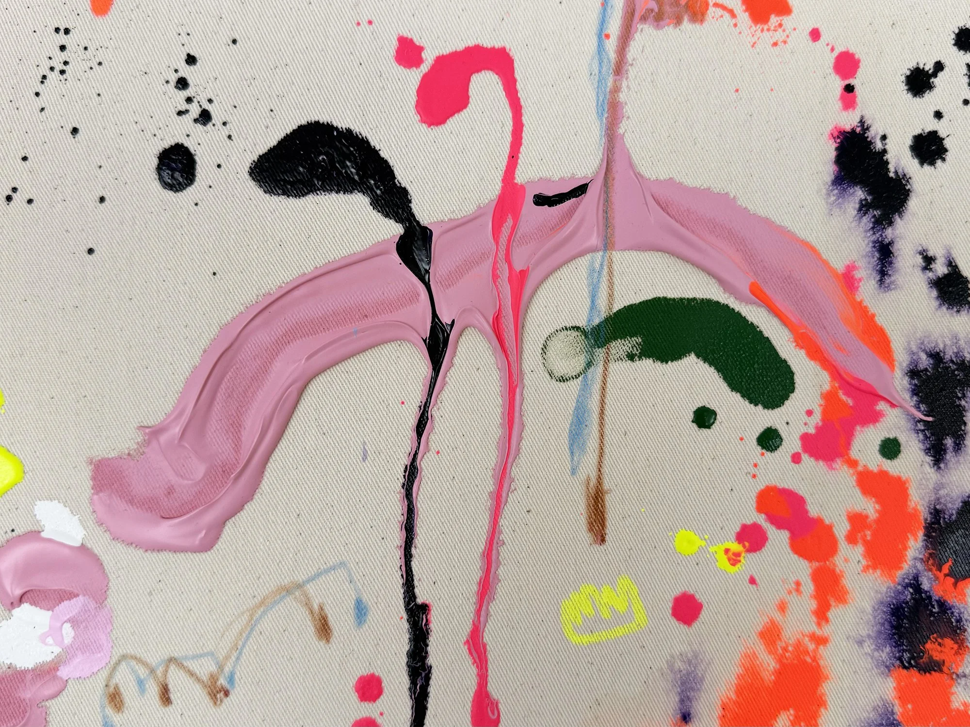 Detail of Vera Klaus painting showing pink brushstroke and dripping paint on raw canvas.