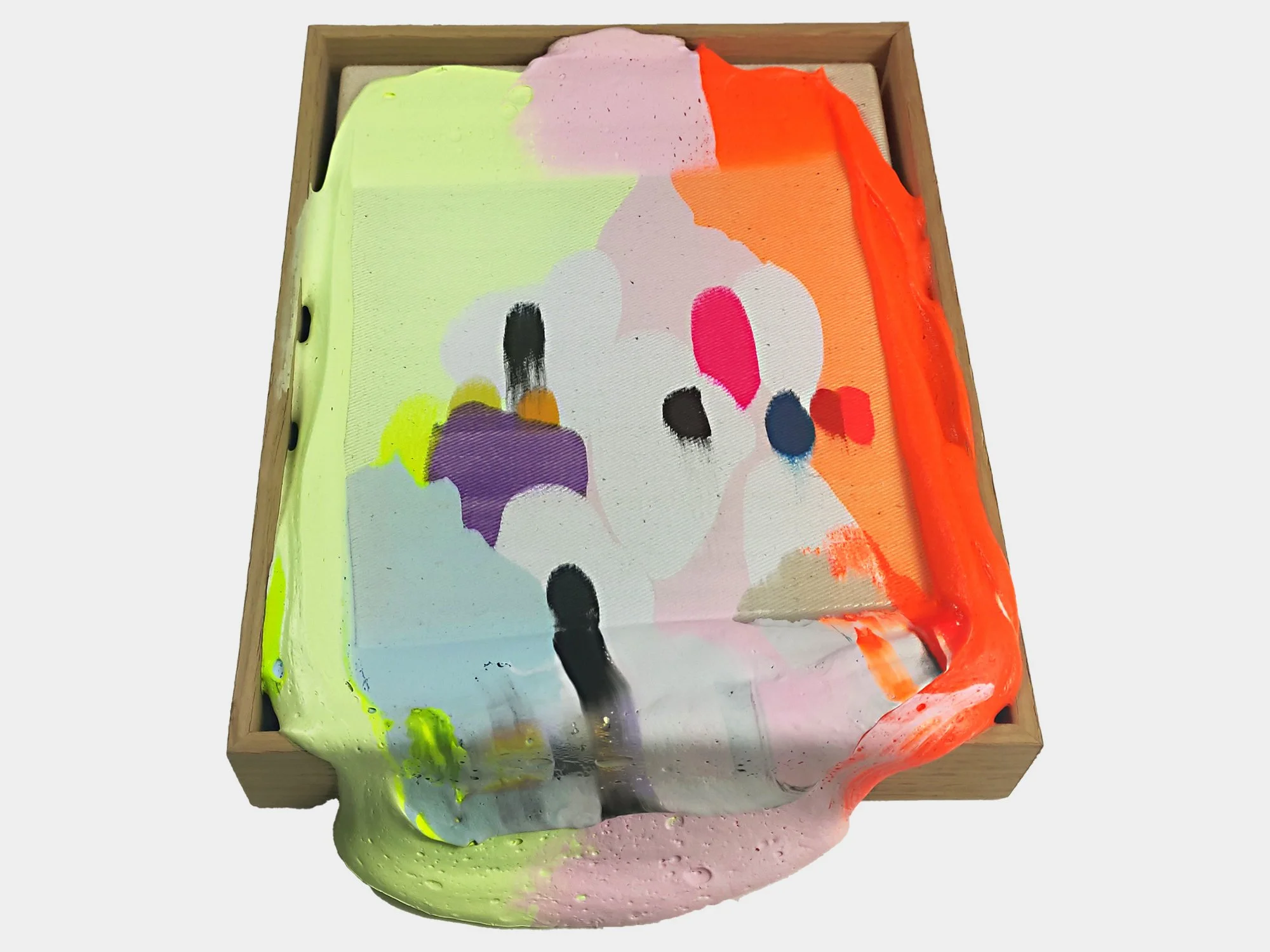 Side view showing the sculptural layers of a mixed media painting by Karen van de Vliet.