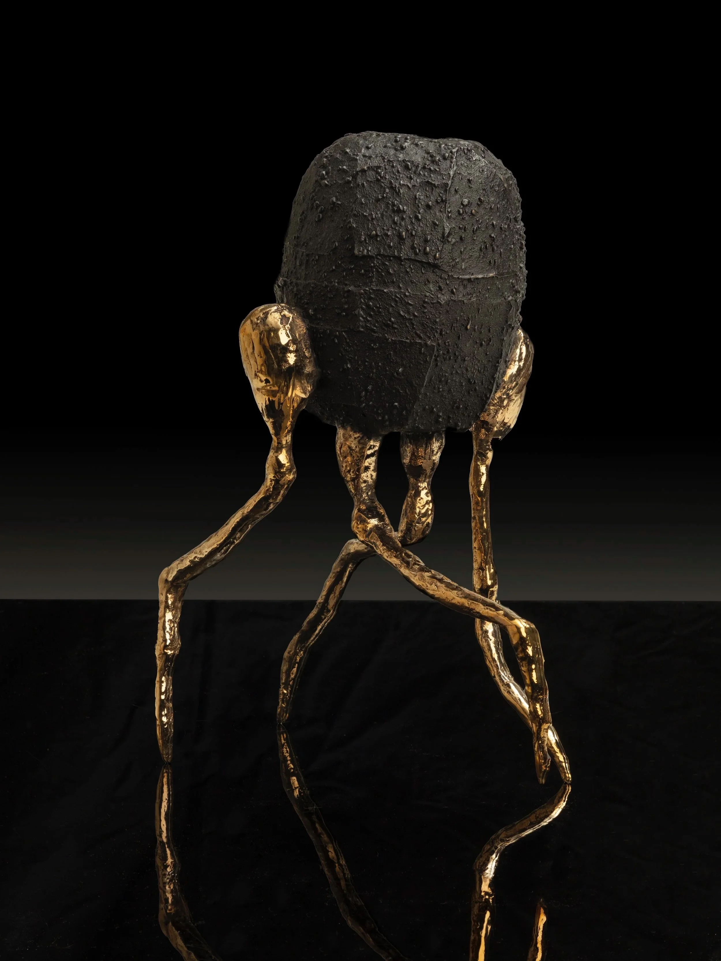 Hybrid bronze sculpture by Jeske Haak with a dark textured body and elongated legs