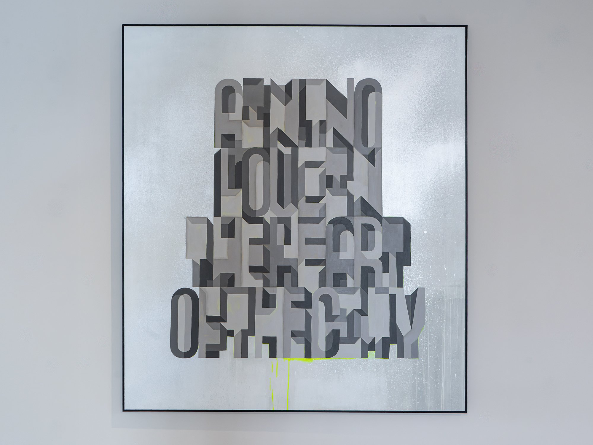 Front view of Saïd Kinos’s painting, with layered grey letterforms and yellow-green accents on a silver ground.