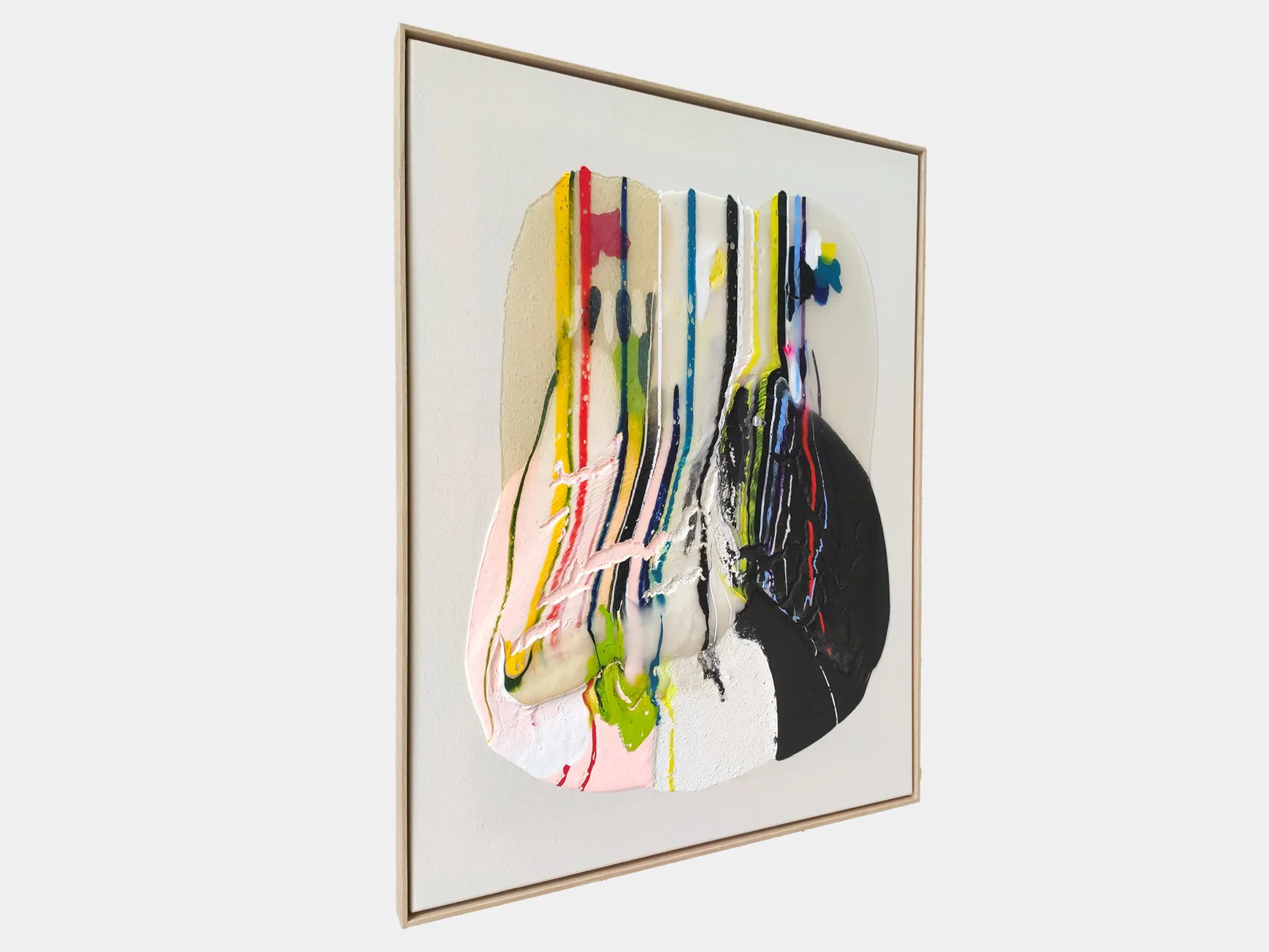Side view showing the layered paint and relief in Translucent XVIII by Karen van de Vliet.