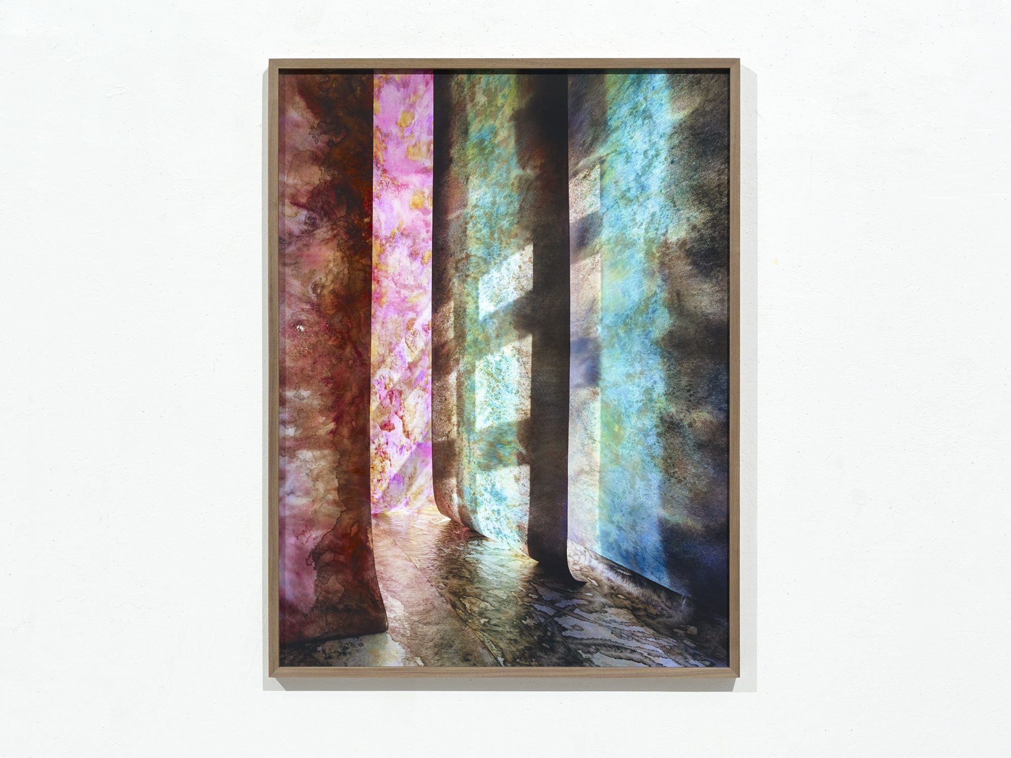 Framed photograph Overgrown Path 02 by Jan Theun van Rees, showing a constructed passage in pink, turquoise and deep brown.