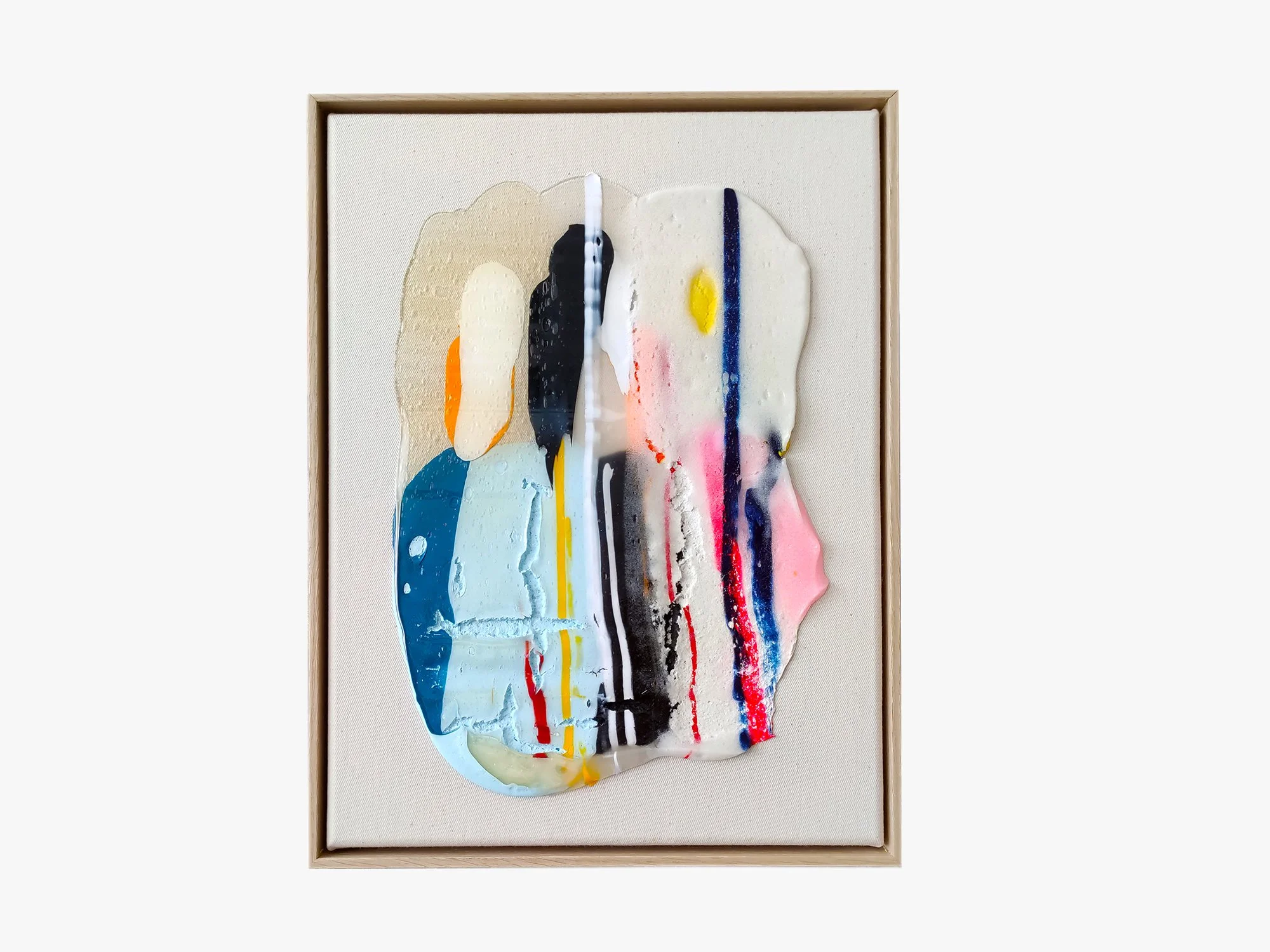 Colourful abstract painting with pale blue, pink and black accents.