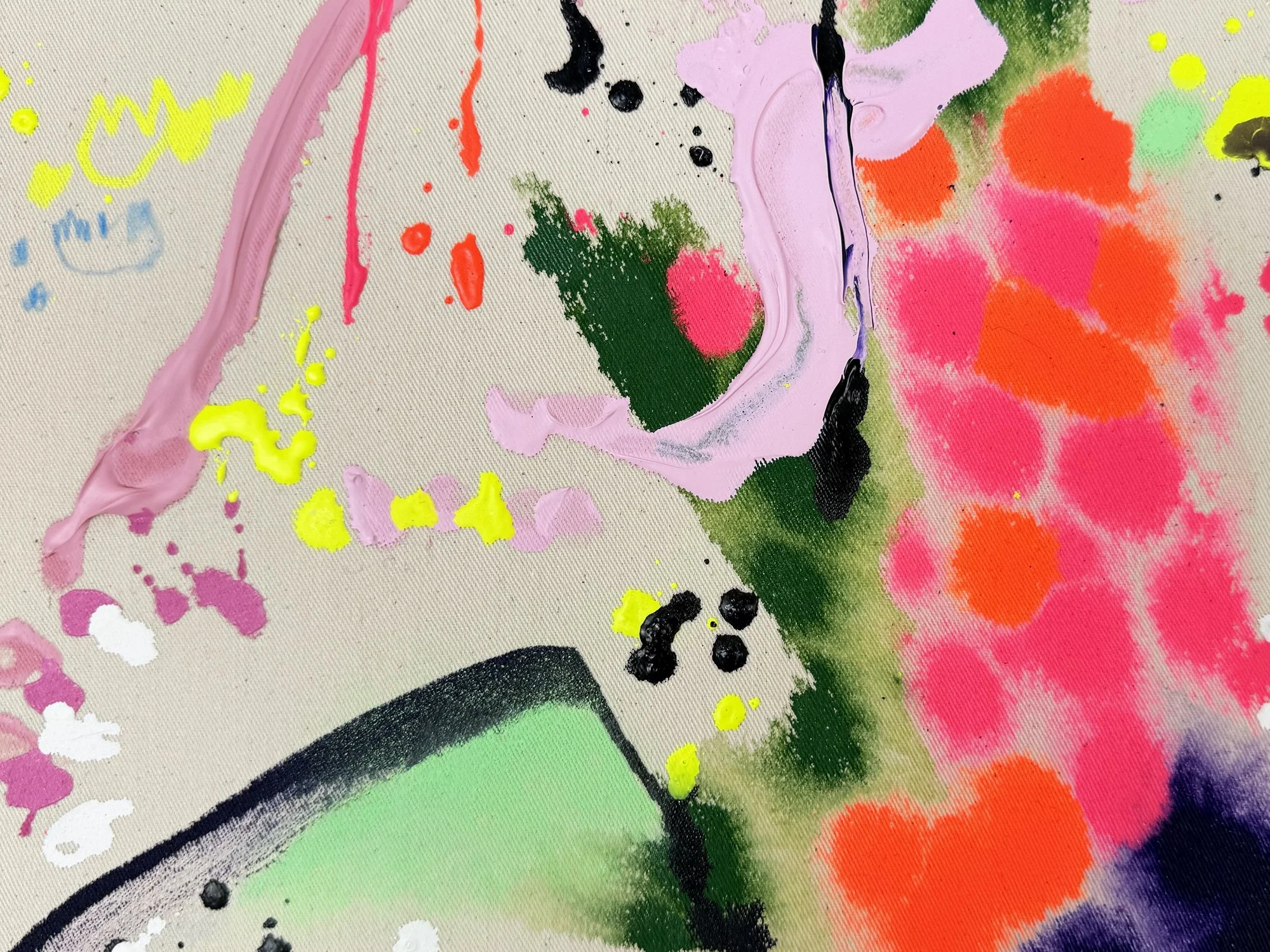 Detail of Vera Klaus painting showing pink brushstroke and dripping paint on raw canvas.