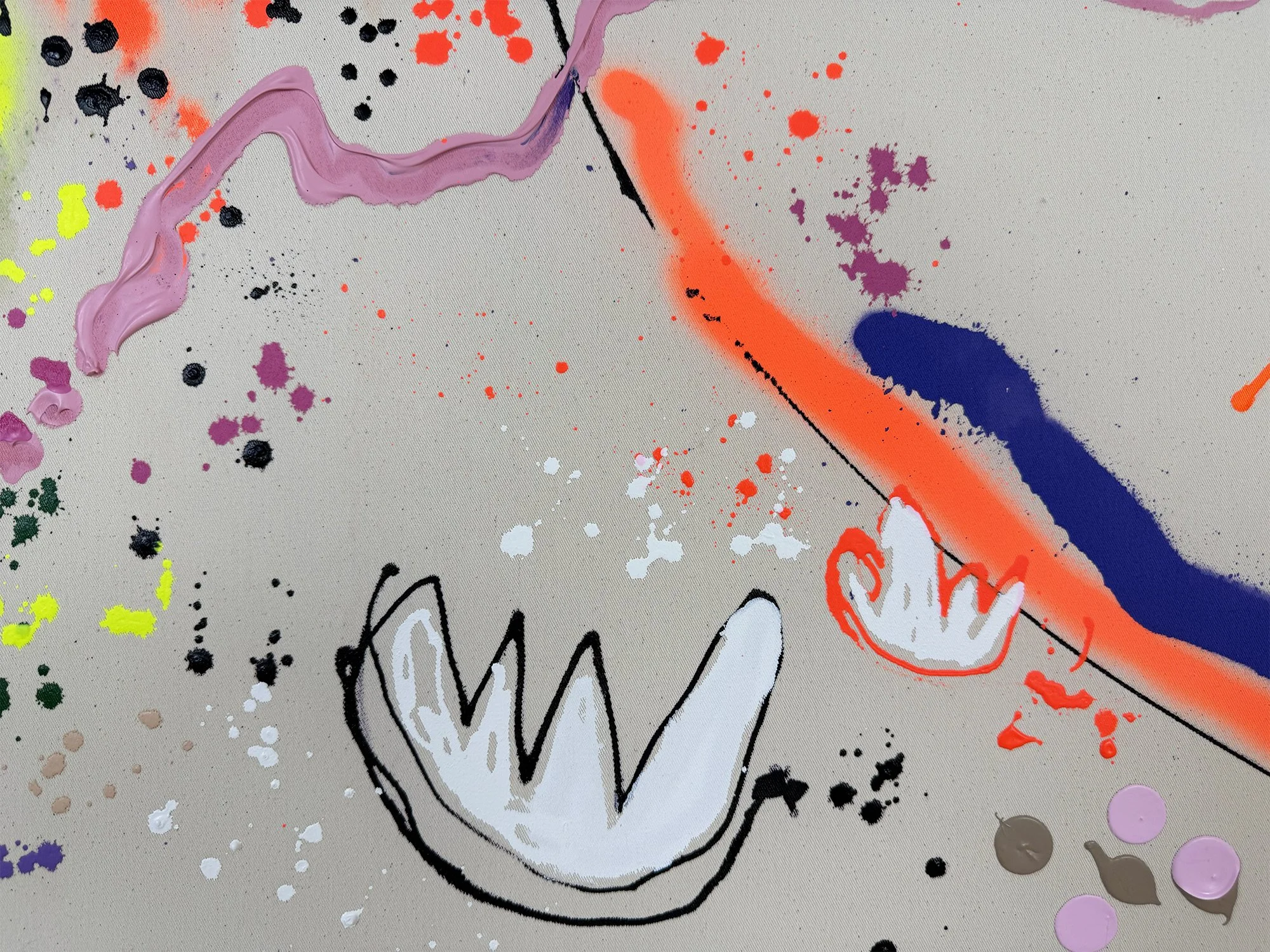 Detail showing layered paint drips and colourful expressive gestures