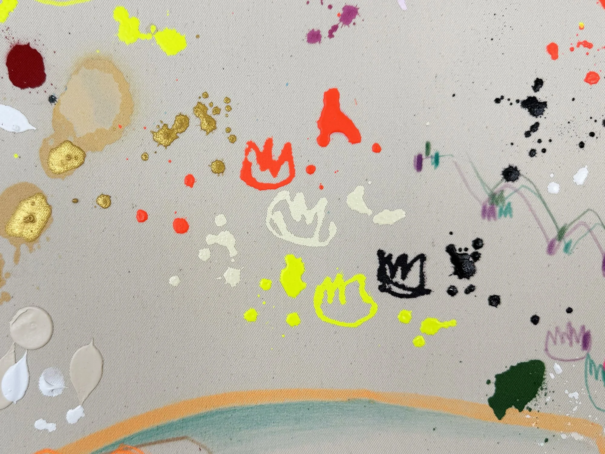 Detail of Frühlingstanz with neon pink and yellow paint splashes interacting with small drawn lines on unprimed canvas