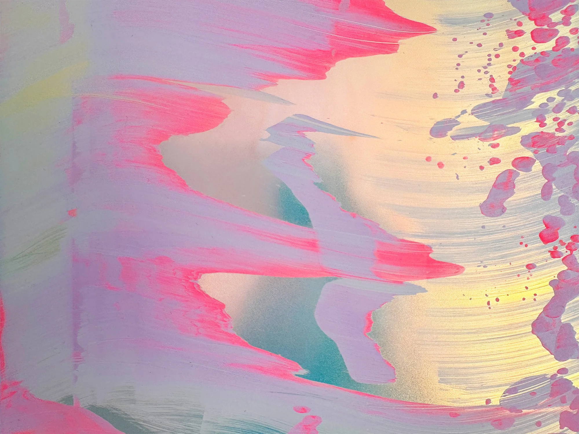 Detail of Coachella Views V by Lisette Schumacher showing layered pink, violet and pale blue paint gestures inspired by desert light