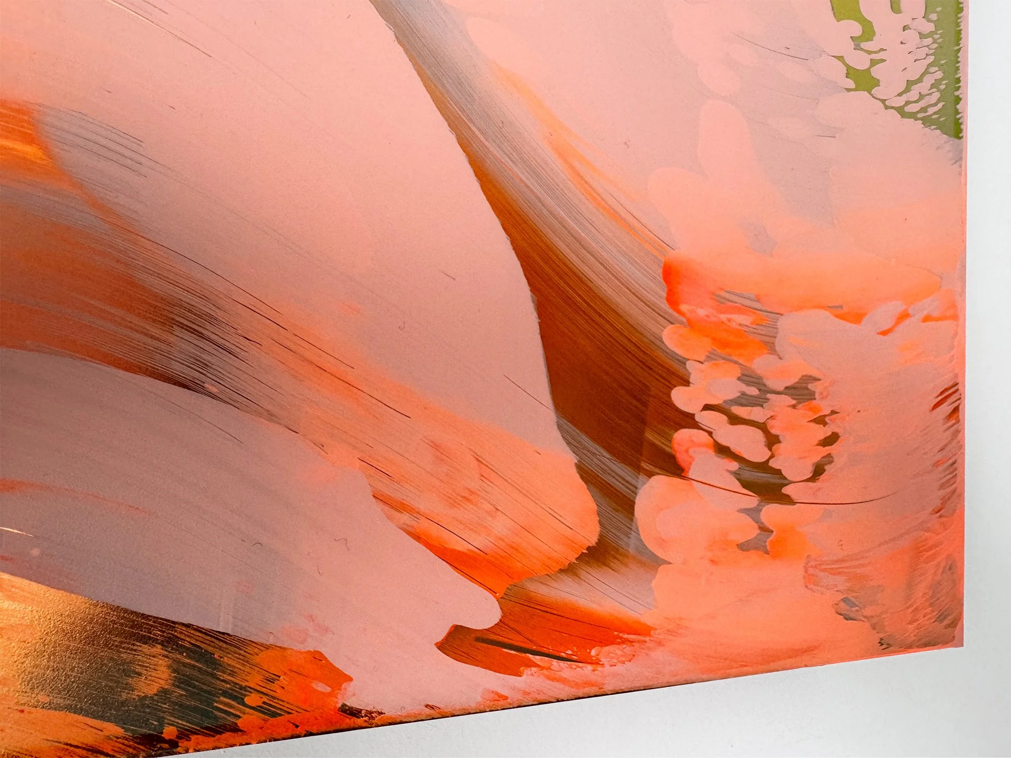 Close-up of an abstract mixed media artwork with movement and layered colour inspired by Frey House II