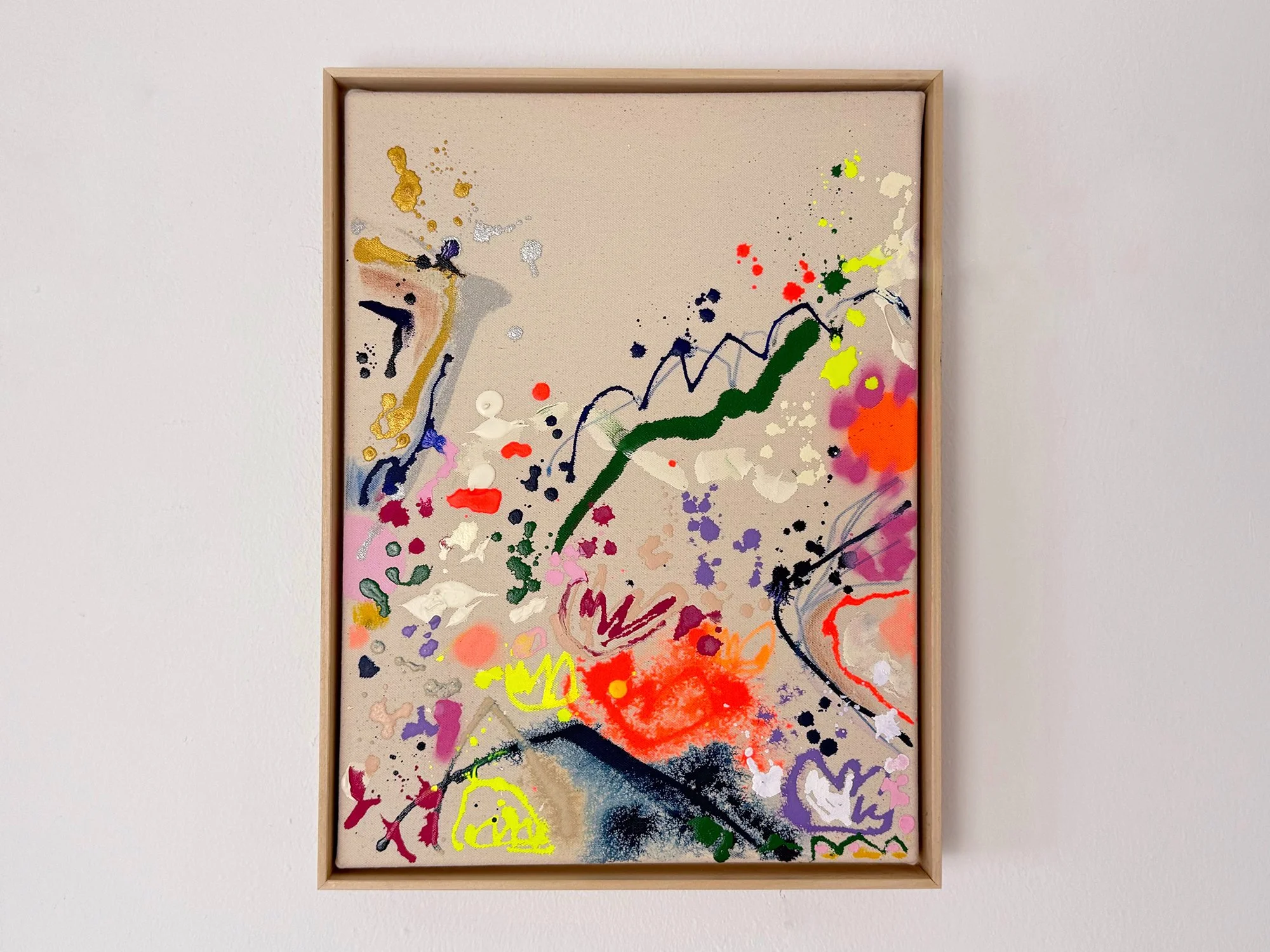 Little Climb by Vera Klaus, a framed 40 × 30 cm abstract painting with orange, green, navy, pink and neon yellow marks on raw canvas.