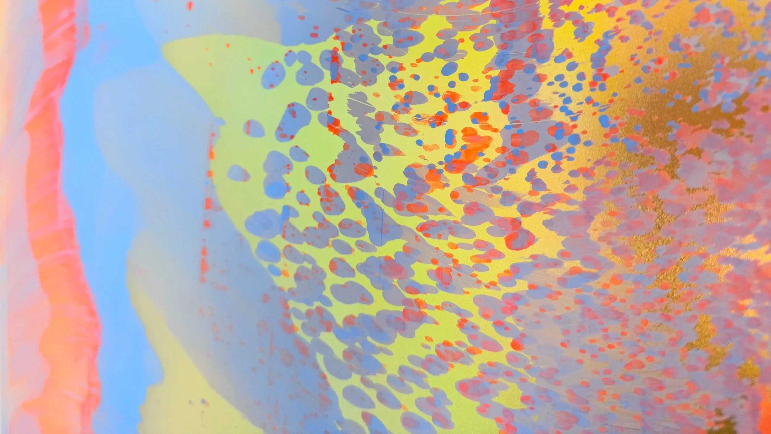 Detail of Lisette Schumacher’s Coachella Views series, showing layered coral, lilac and golden tones inspired by the shifting light of the California desert.
