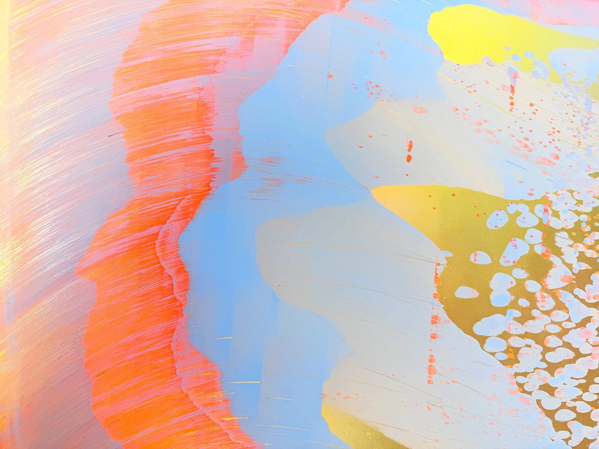 Detail of blue and coral forms meeting a warm golden area in Coachella Views XIV