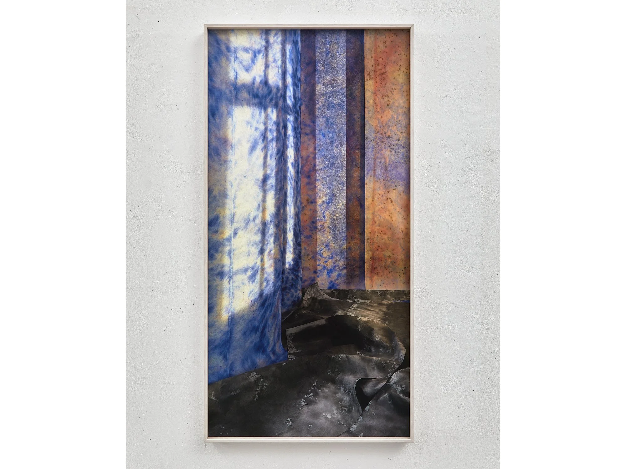 Front view of Moonlit Corner — hand-painted fabric installation captured in natural light, blending blue, orange and grey tones.