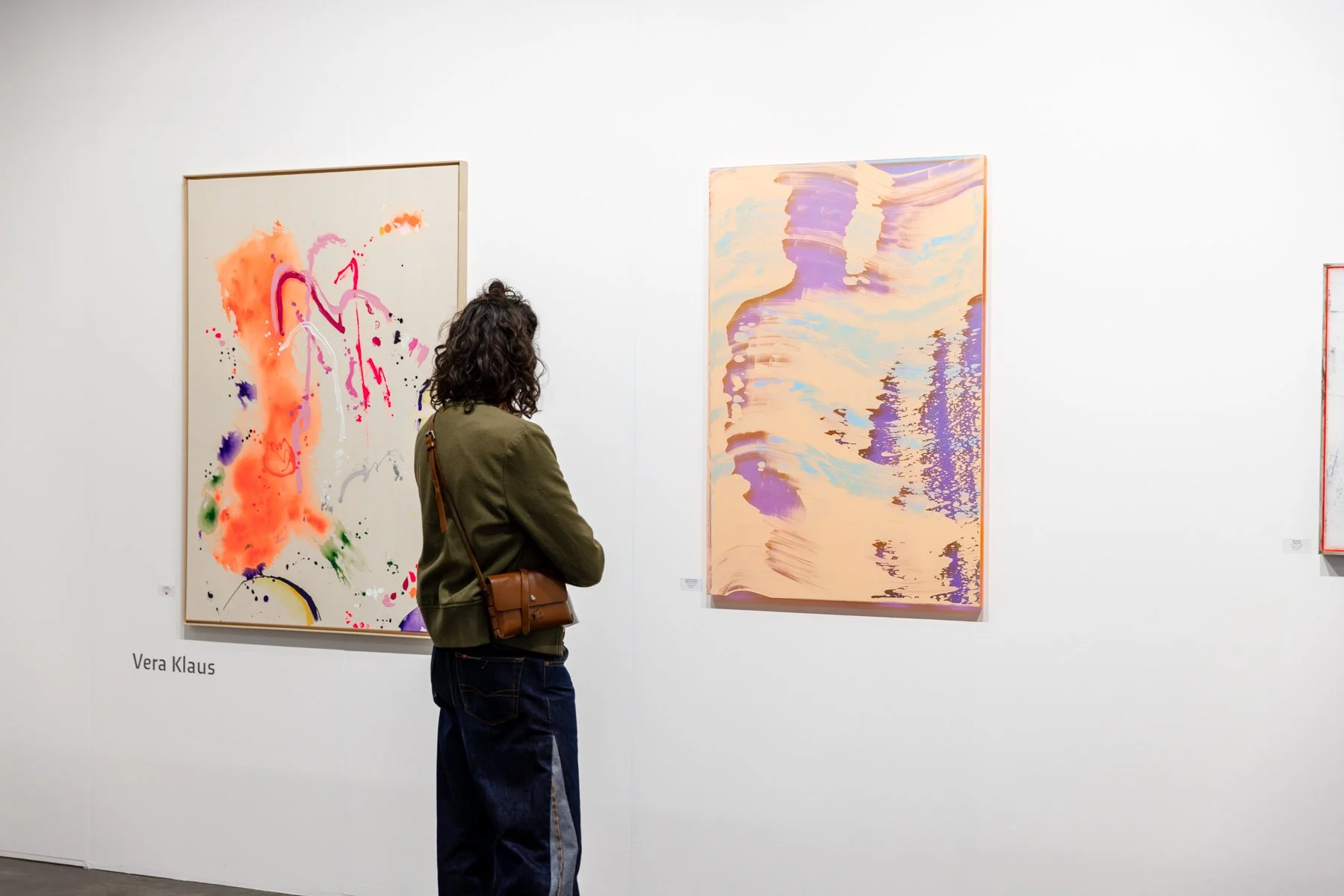 Art Rotterdam 2025 booth by Root Gallery featuring large paintings by Vera Klaus and an abstract work by Lisette Schumacher