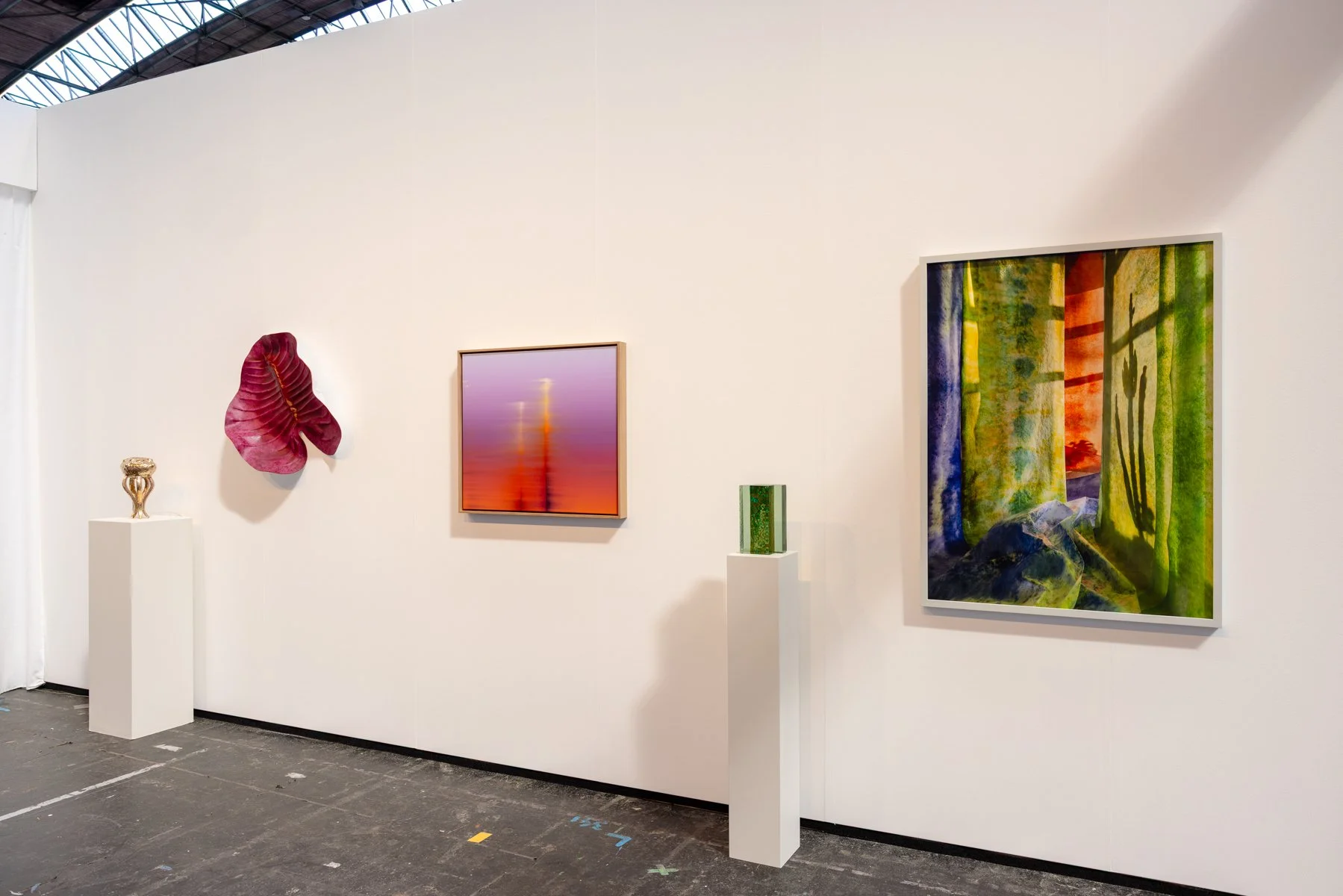 Contemporary spatial photograph Cactus installed at an art fair booth, showing green layered surfaces and cactus shadow