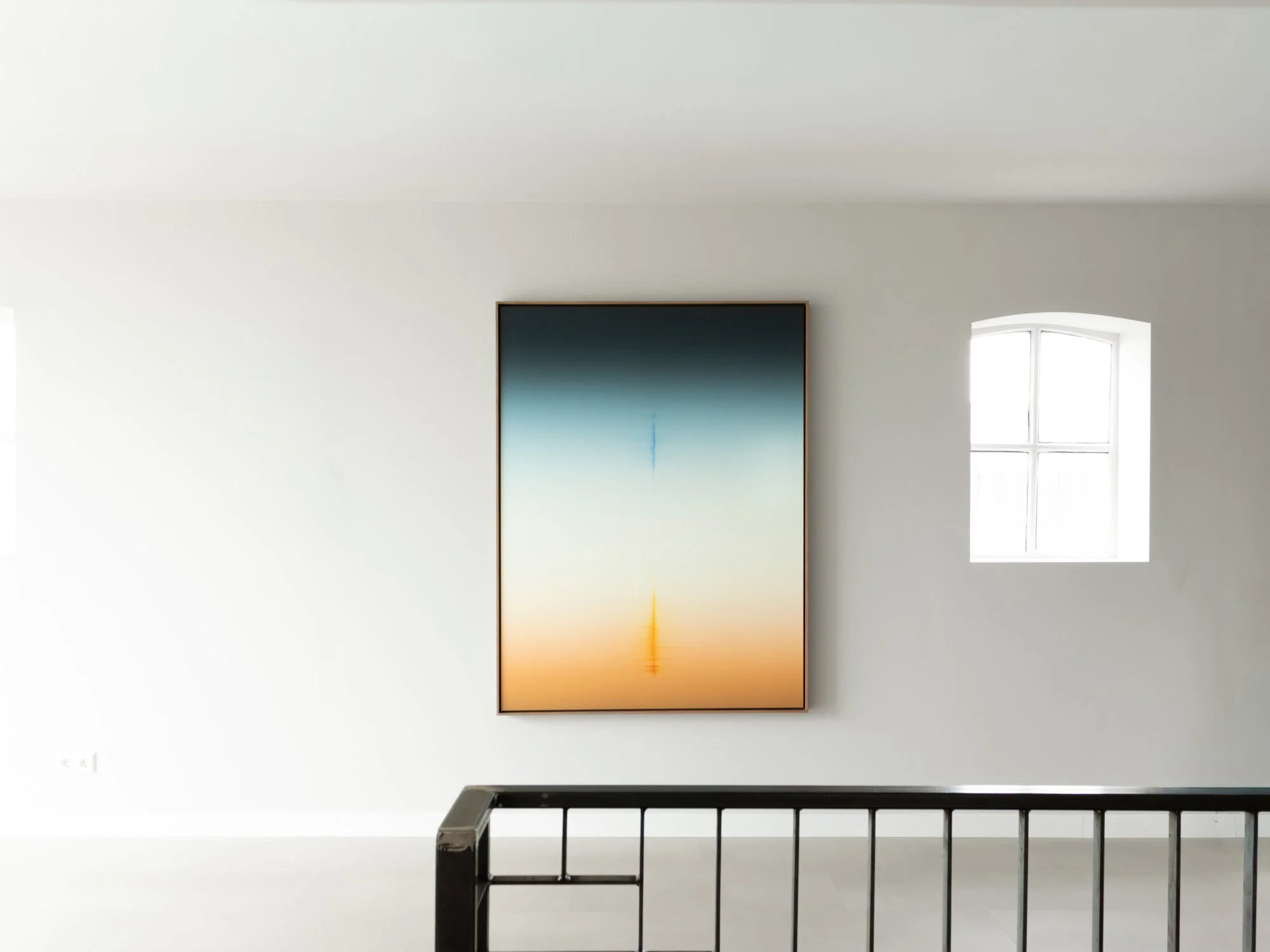Large minimalist painting In Praise of Shadows by Donald Schenkel displayed at Root Gallery, framed in wood and measuring 160 × 120 cm.