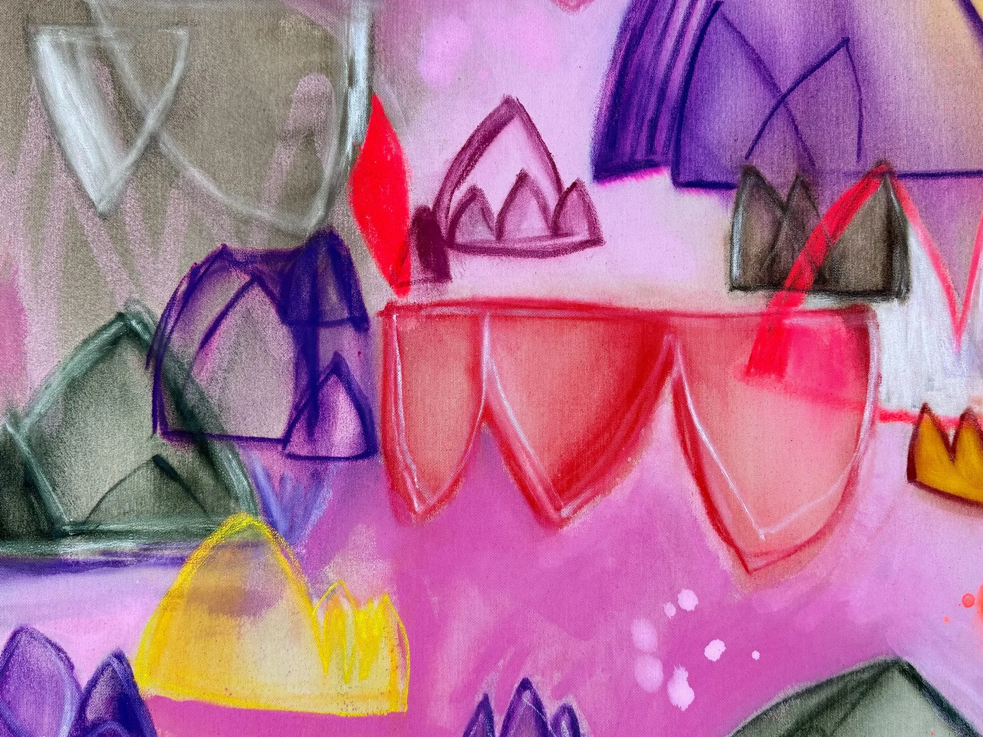 Detail of Dreams and Hope II by Vera Klaus showing layered colour, drawn contours and recurring mountain-like abstract forms.