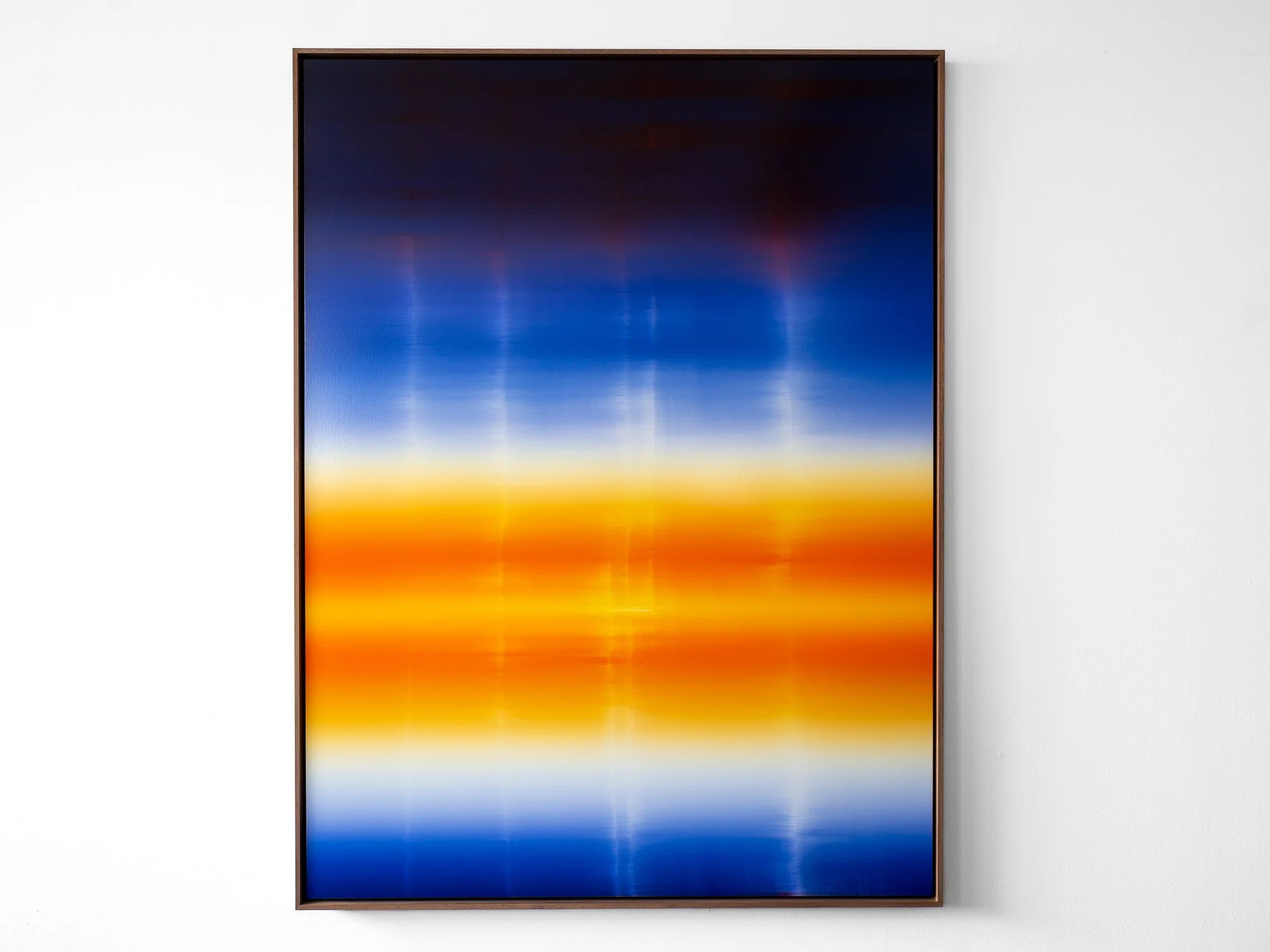 Sudden Flare of Interest by Donald Schenkel, 2026, oil on canvas, 160 × 120 cm. Large abstract painting with deep blue tones, a luminous orange centre and subtle white transitions.