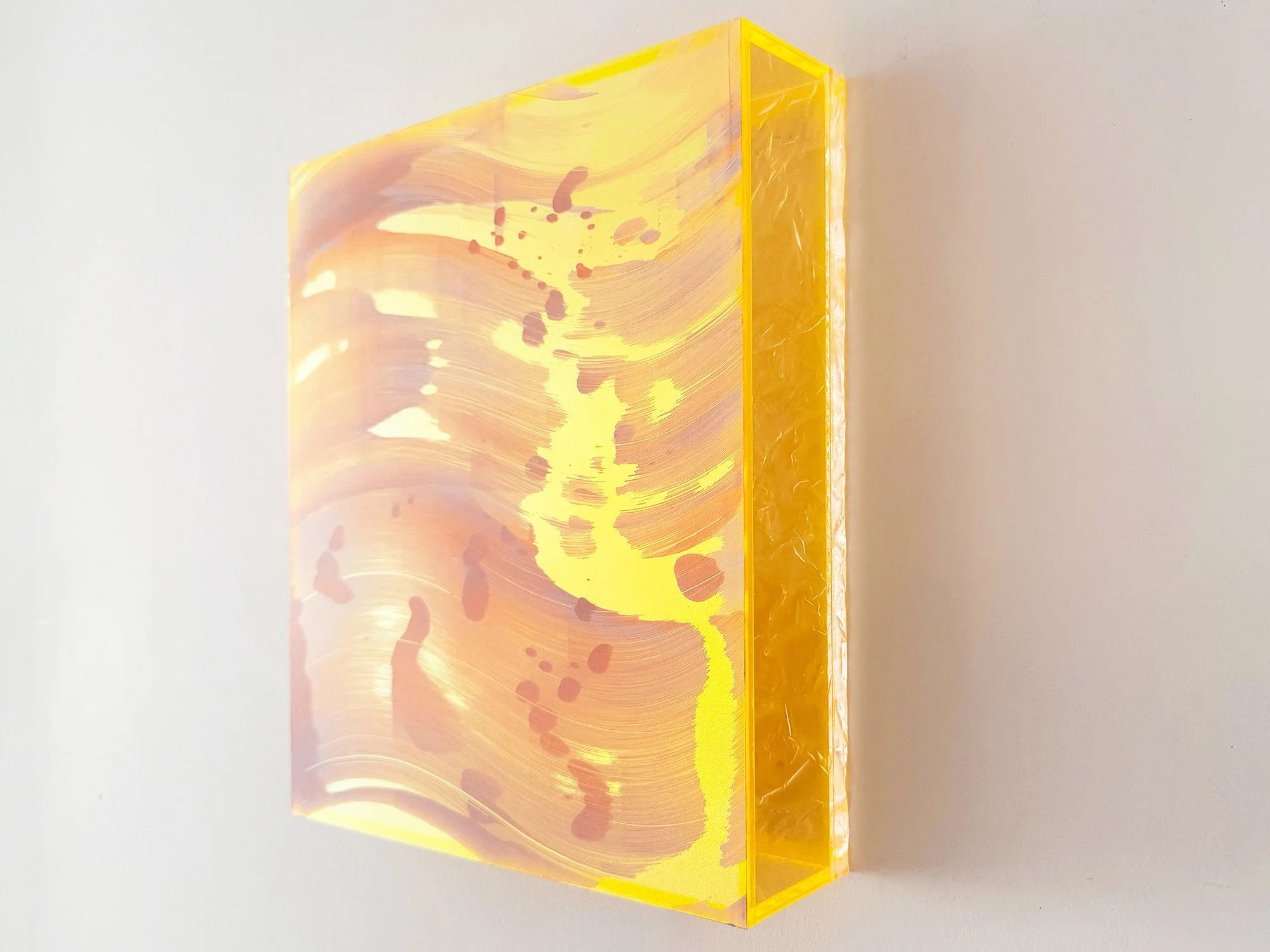 side view contemporary painting with translucent yellow edge and flowing desert colours