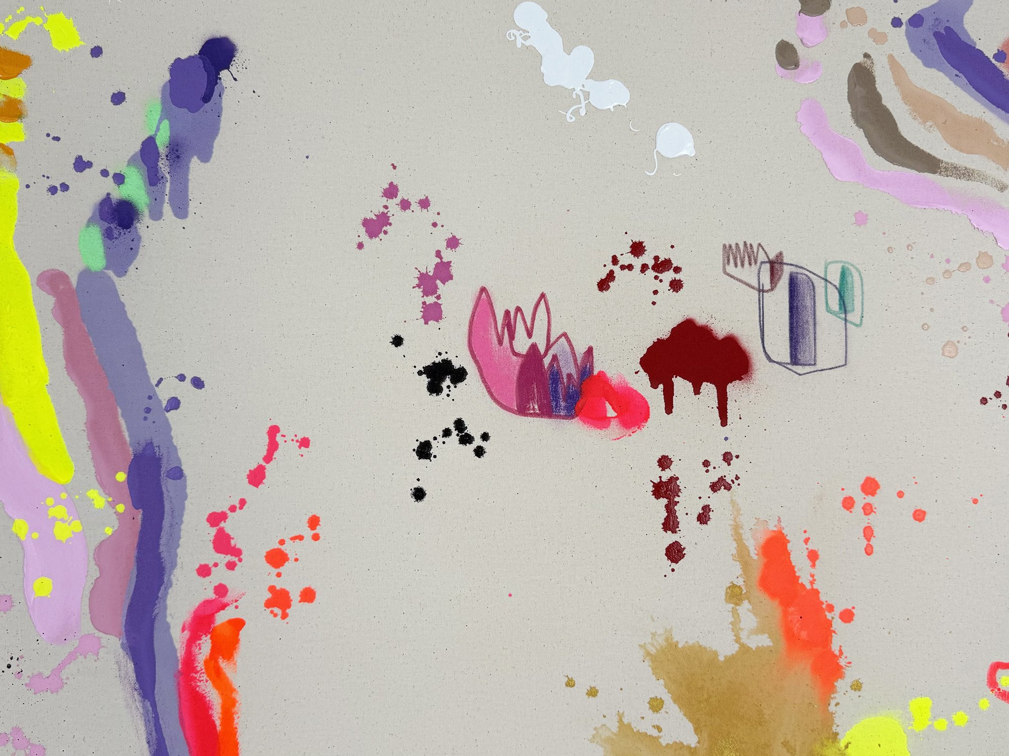 Detail showing layered colour gestures and delicate drawn lines