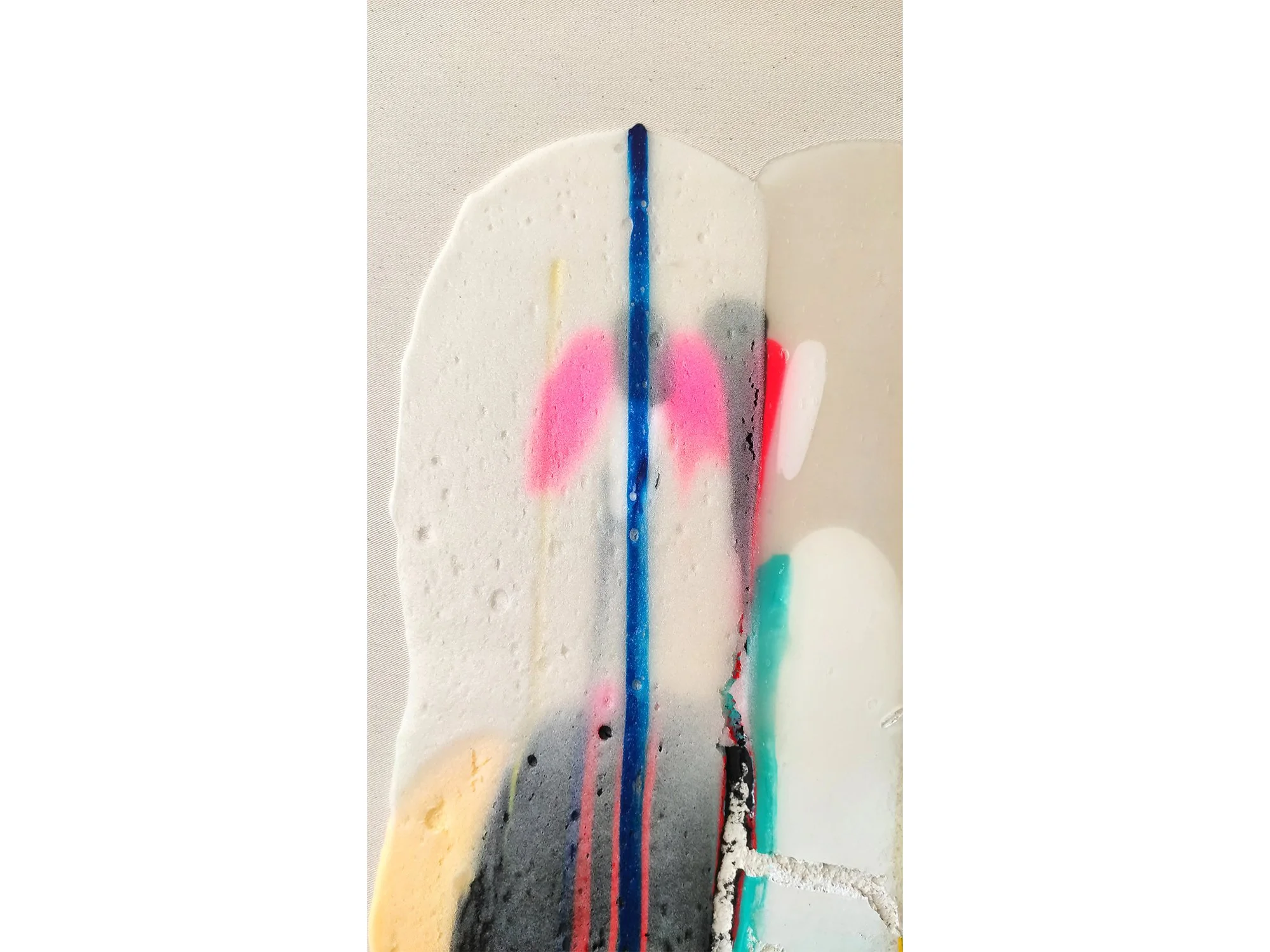 Detail of the painting Translucent VII by Dutch artist Karen van de Vliet, with white, black, pink, blue and yellow details.