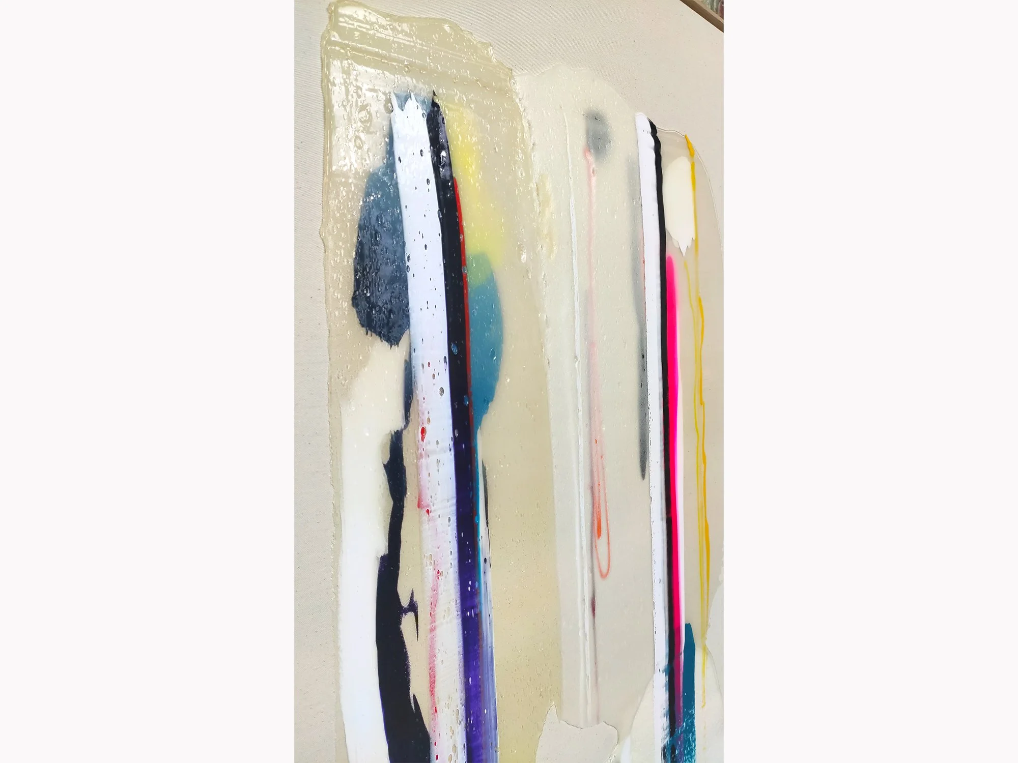 Detail of Transparant #9 by Karen van de Vliet showing layered paint and transparent colour transitions in purple, blue and green