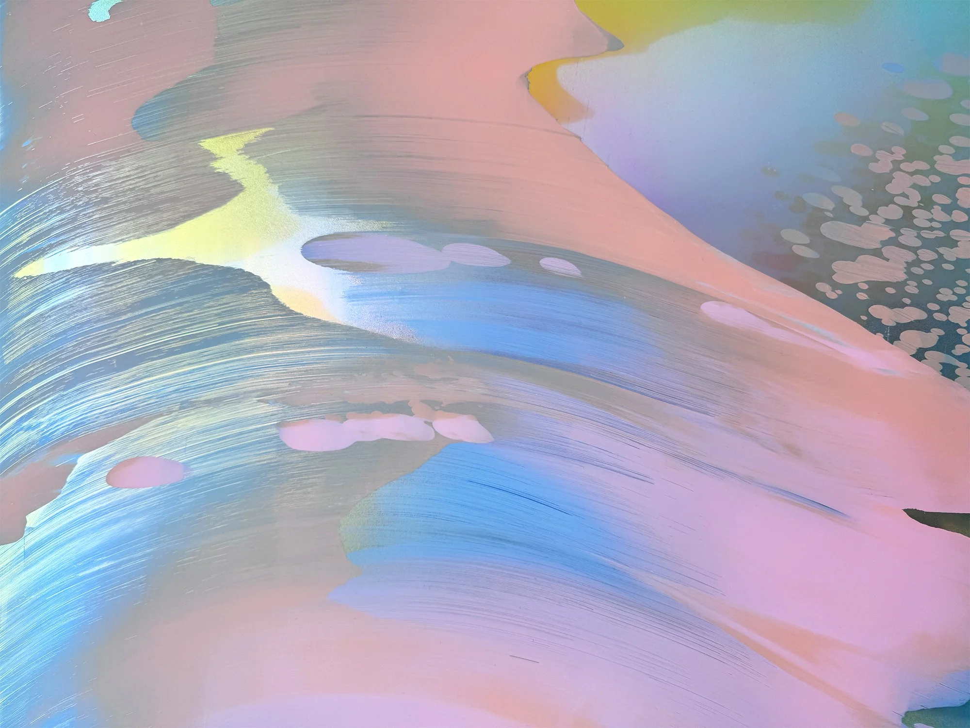 Detail of Desert Modernism VII by Lisette Schumacher, showing sweeping pale blue, pink and peach brushstrokes with small yellow accents.