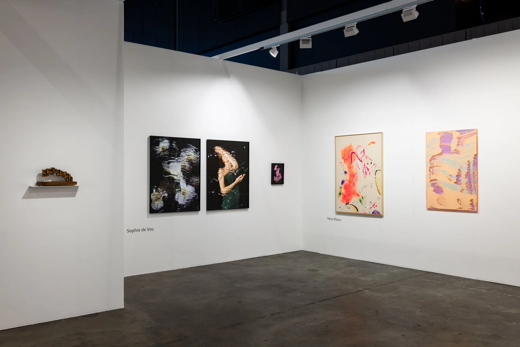 Overview of Root Gallery stand at Art Rotterdam with works by Saïd Kinos, Sophie de Vos, Vera Klaus and Lisette Schumacher on display