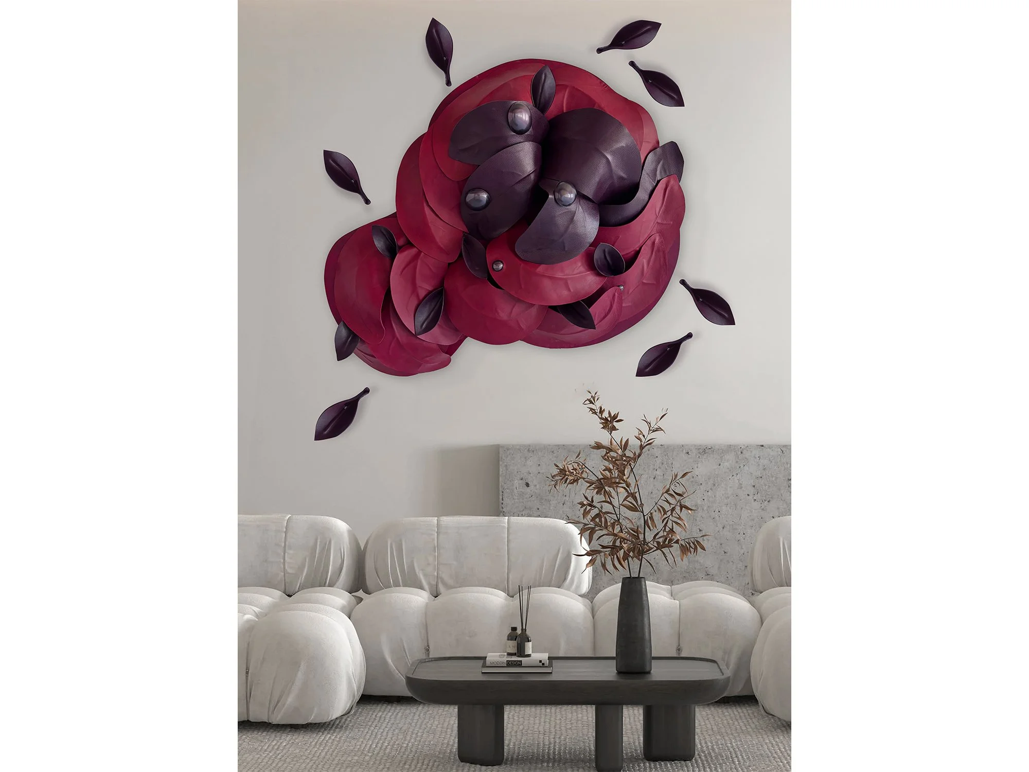After the Storm – Red by Madelon Uljee installed with individual leather leaves in a contemporary interior.