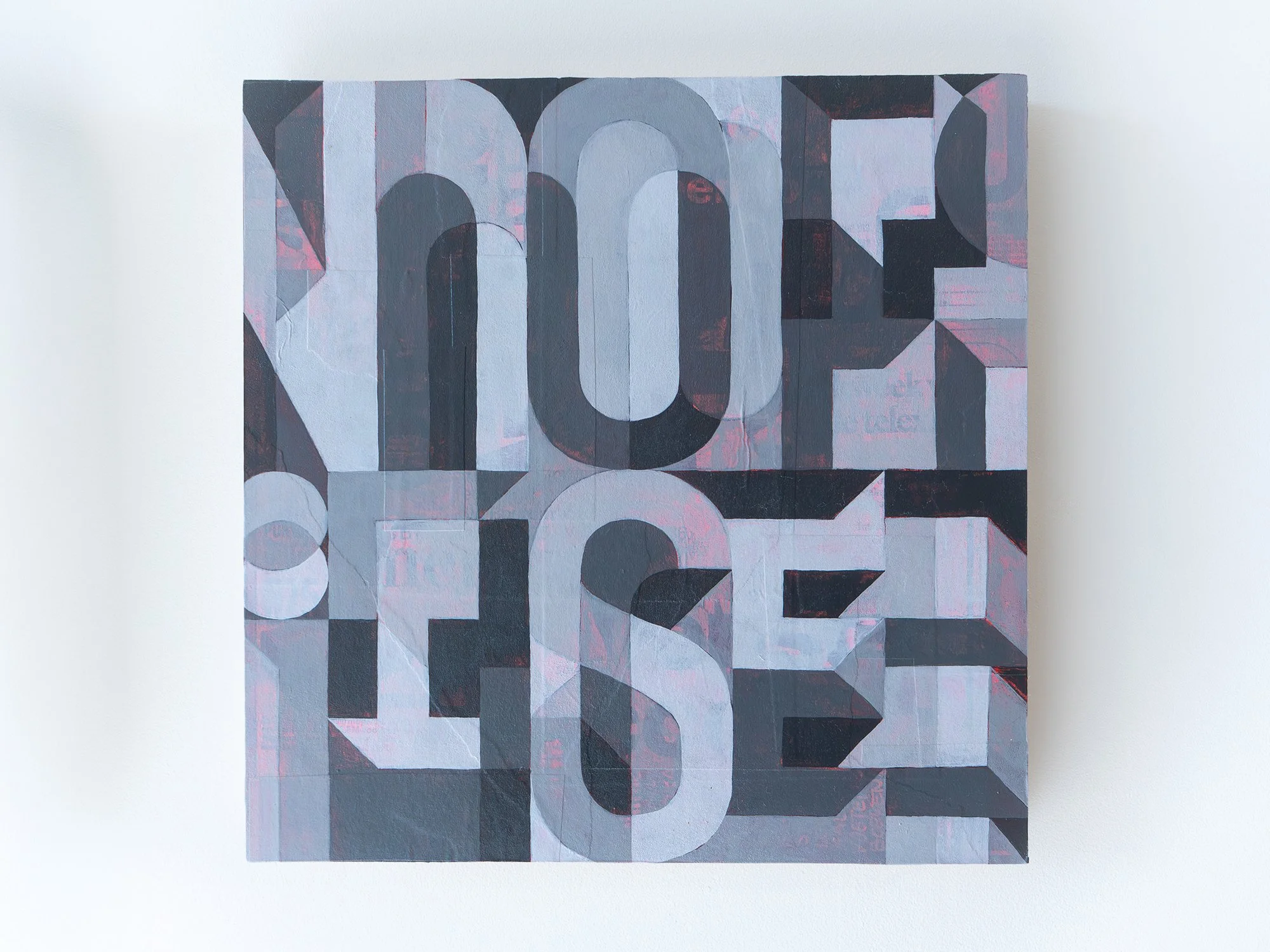 Noise by Saïd Kinos, a painted collage on wood with charcoal and muted pink letterforms.