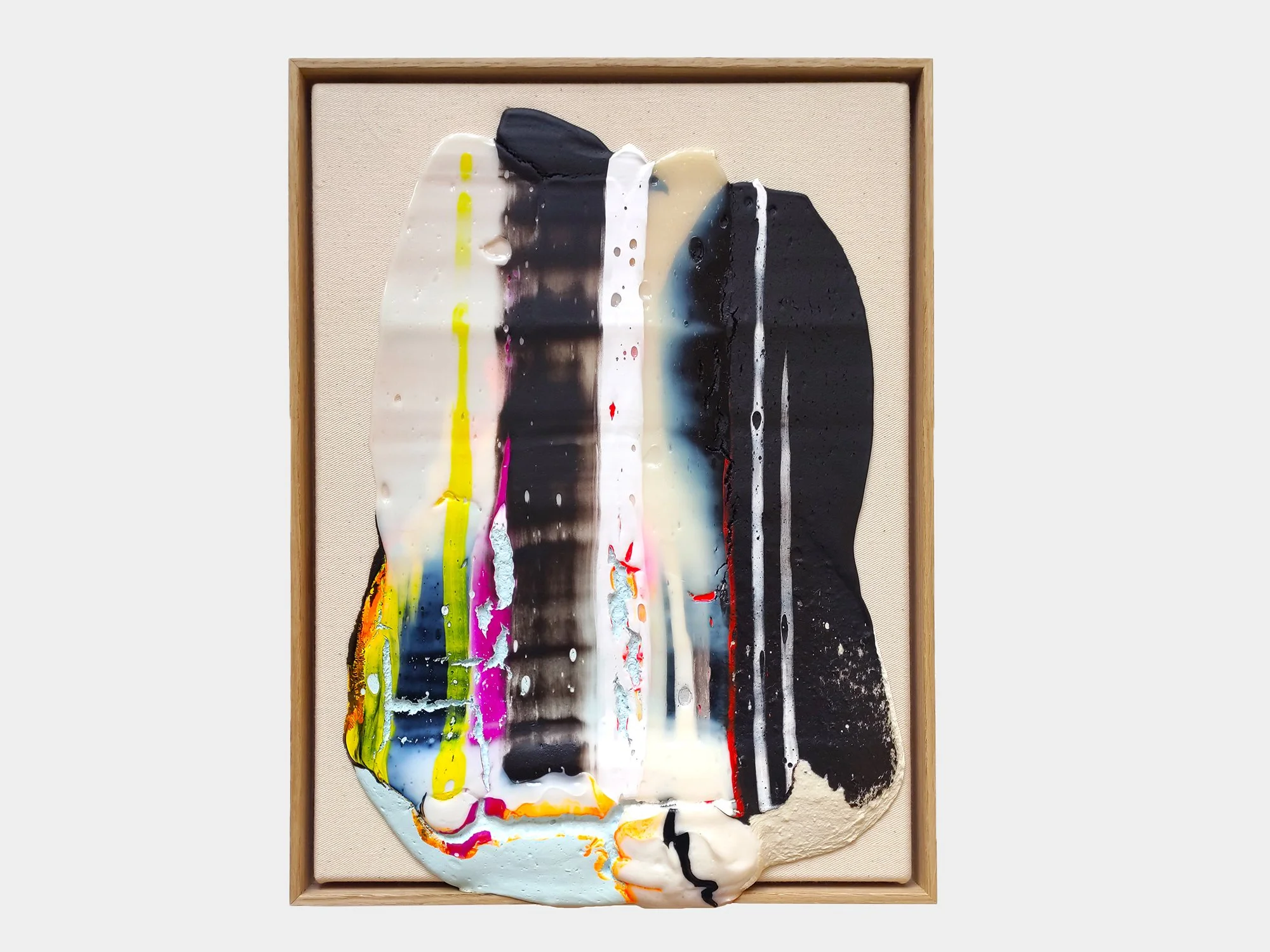 Layered mixed media painting by Karen van de Vliet featuring translucent white, black and cream forms with bright yellow, pink and blue accents on canvas, framed in oak, 40 x 30 cm (2026).