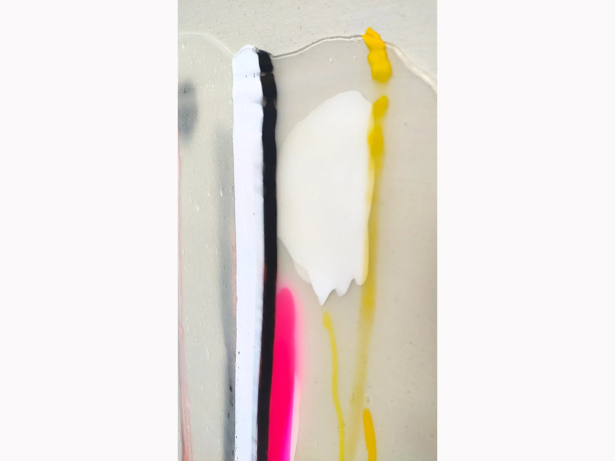 Surface detail of Karen van de Vliet painting Transparant #9 with visible brush gestures and overlapping layers of colour