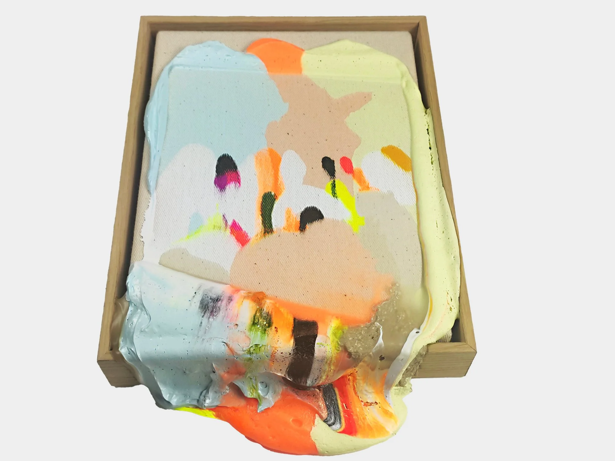 Side view of Karen van de Vliet's mixed media painting, revealing translucent layers, pastel tones and the three-dimensional surface