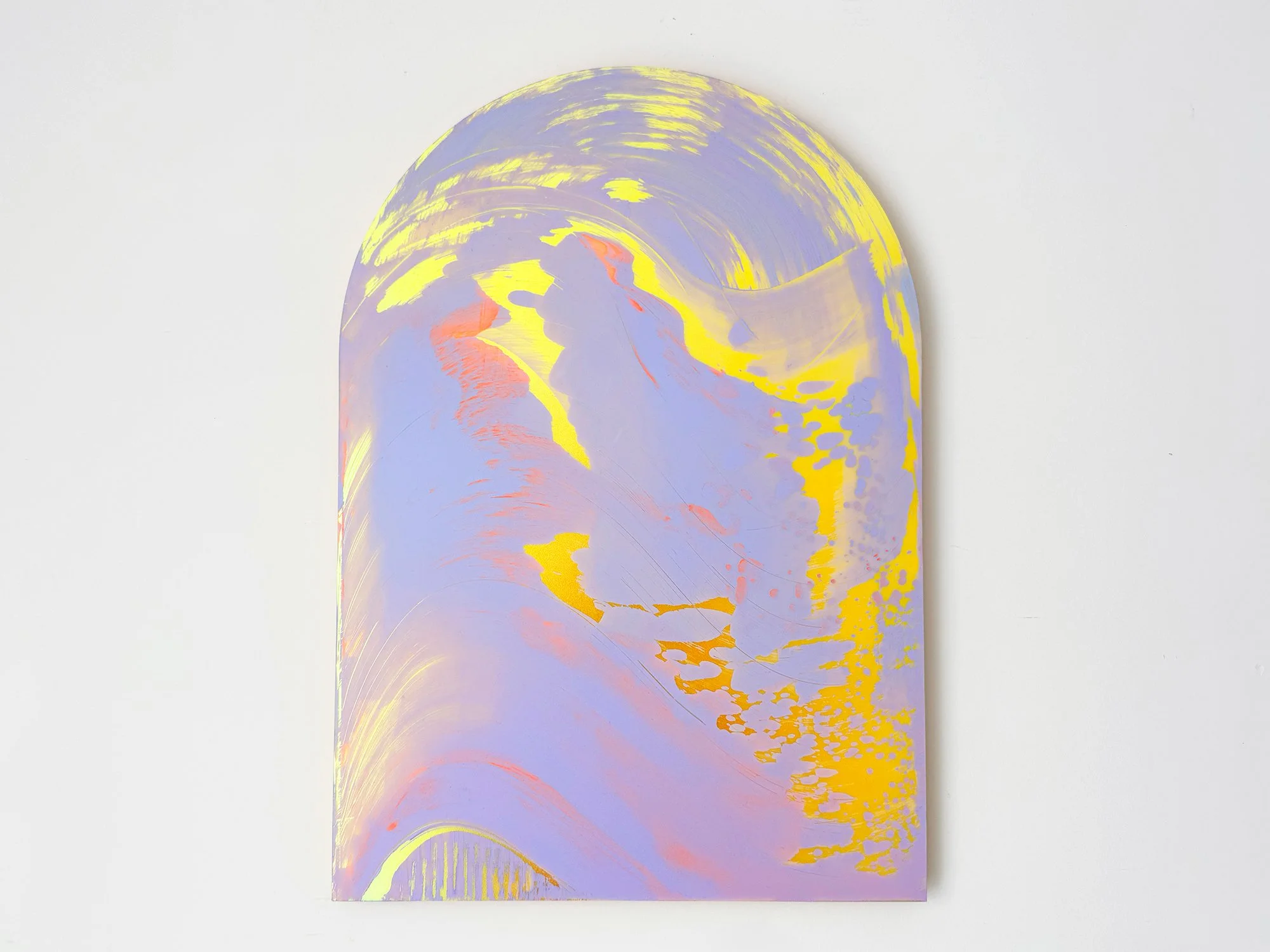 Arch III by Lisette Schumacher, a 2026 painting on an arch-shaped panel, shown from the front with soft pastel tones of purple and yellow contained within a curved format.
