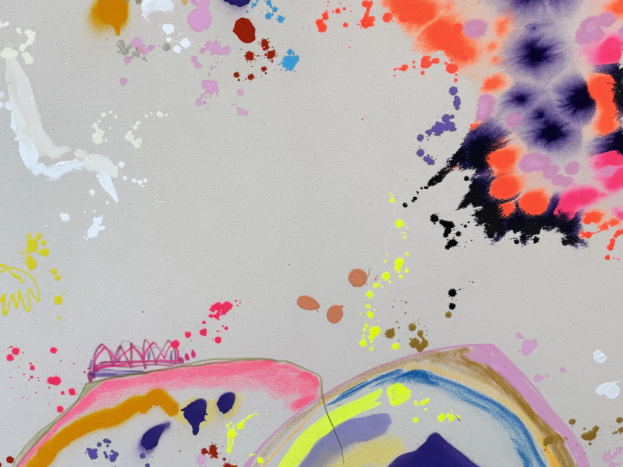 Close-up of mixed media surface in Vera Klaus painting Morgens Am See (2026), revealing texture, brush movement and colour layering.