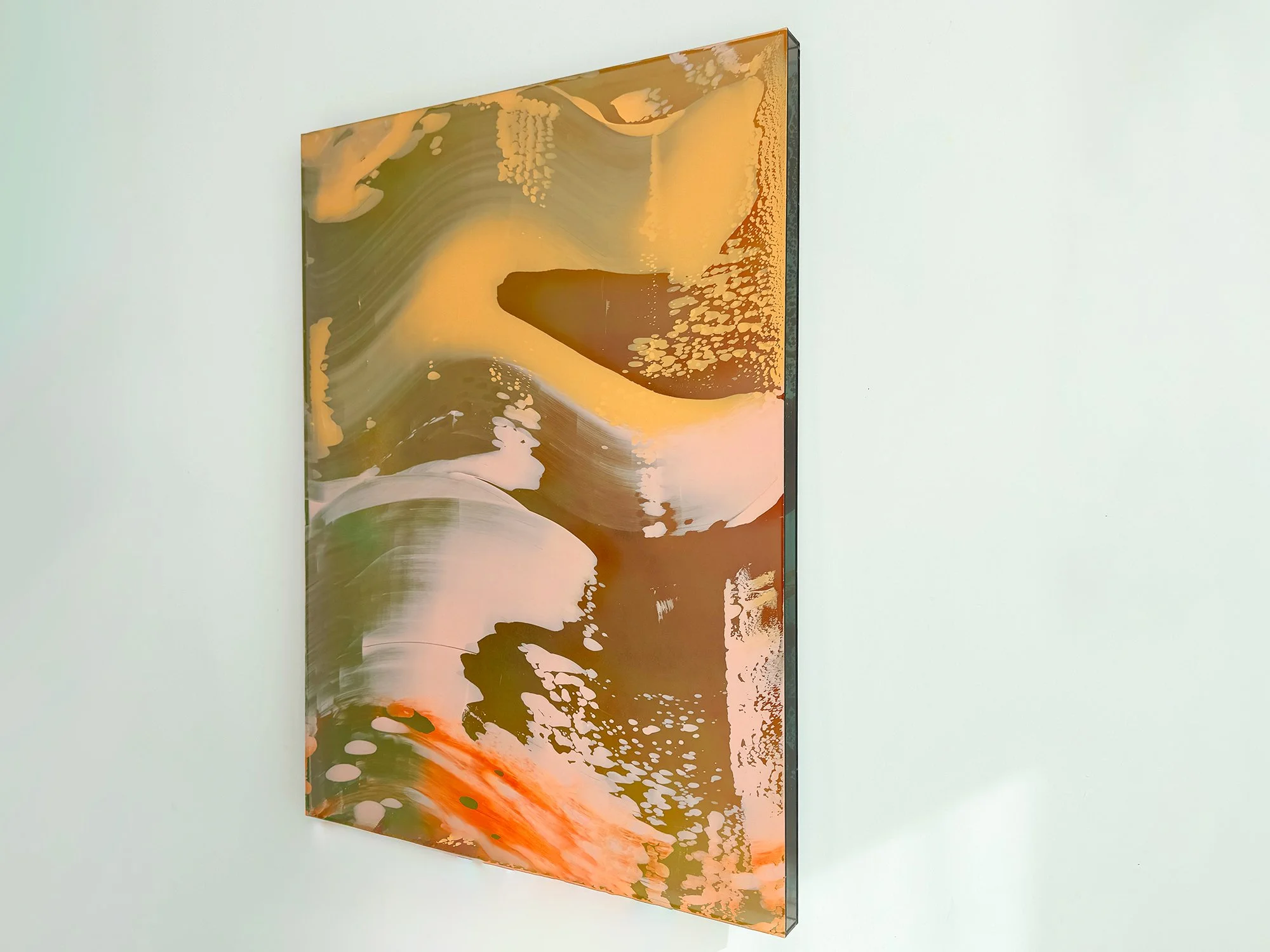 Side view of large painting Desert Modernism I showing depth and material texture