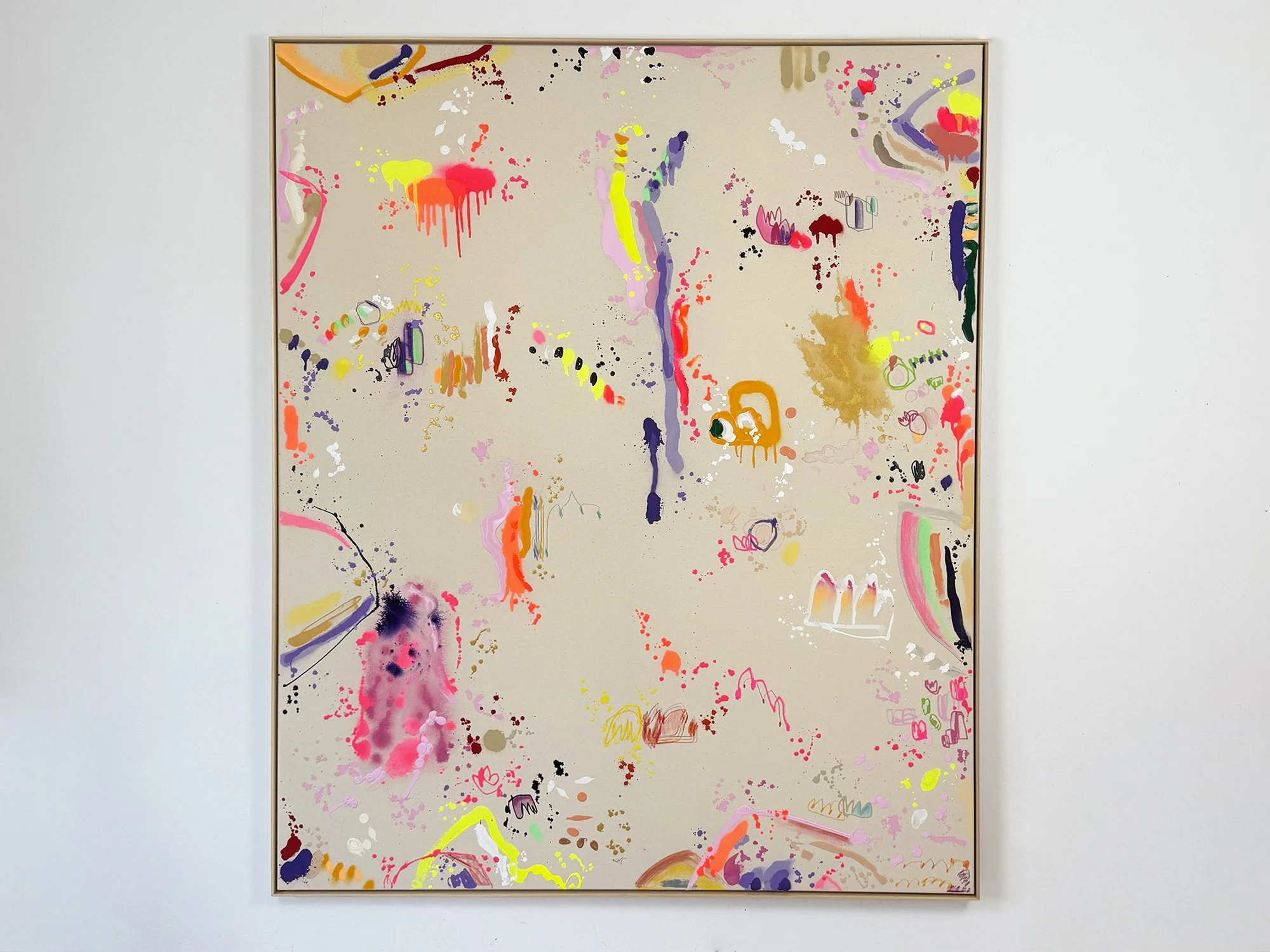 Frühjahrsreise (Spring Journey) by Vera Klaus, colourful abstract painting with expressive pink, yellow and green gestures on raw canvas