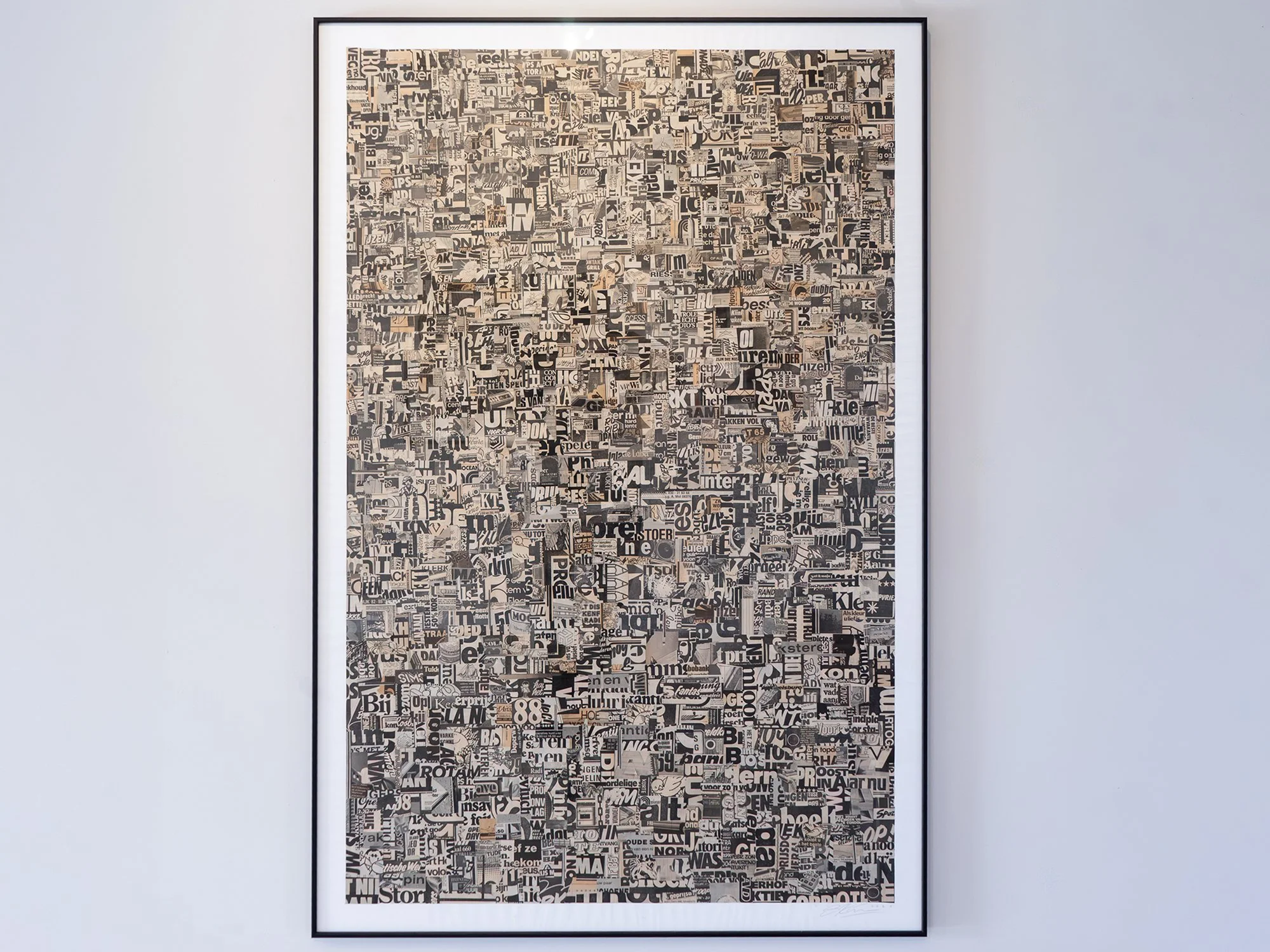 Static001 by Saïd Kinos, a large monochrome collage densely assembled from printed text fragments and typefaces.