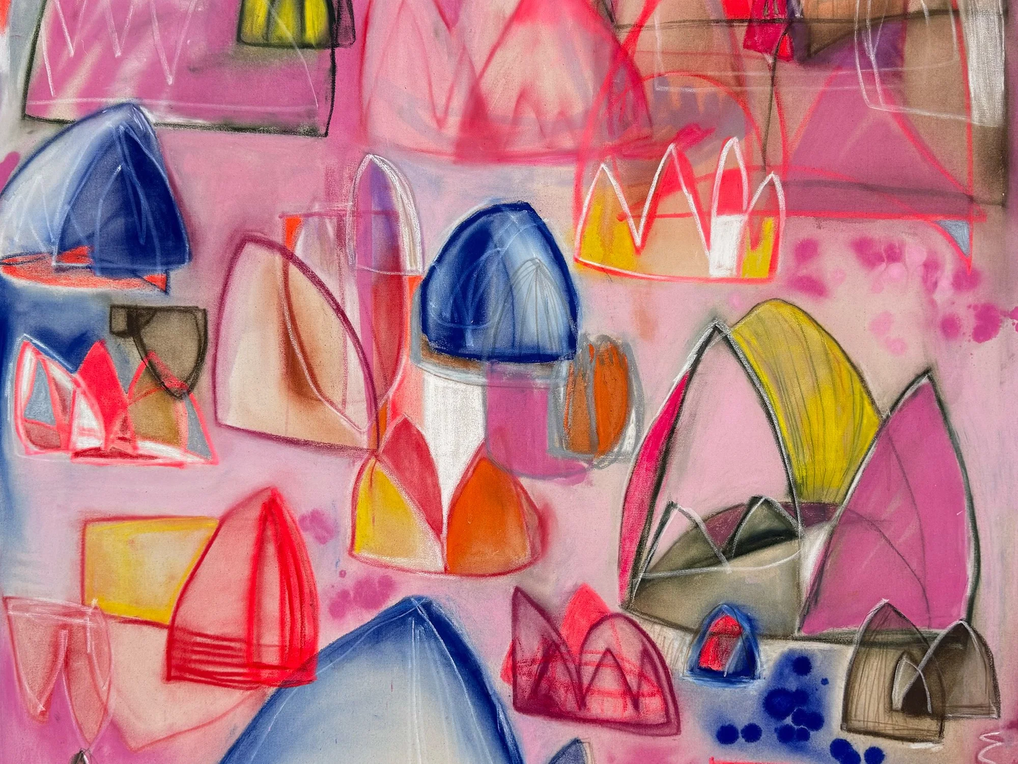 Mixed-media detail of Dreams and Hope by Vera Klaus with deep blue shapes, translucent layers and expressive white and red lines.