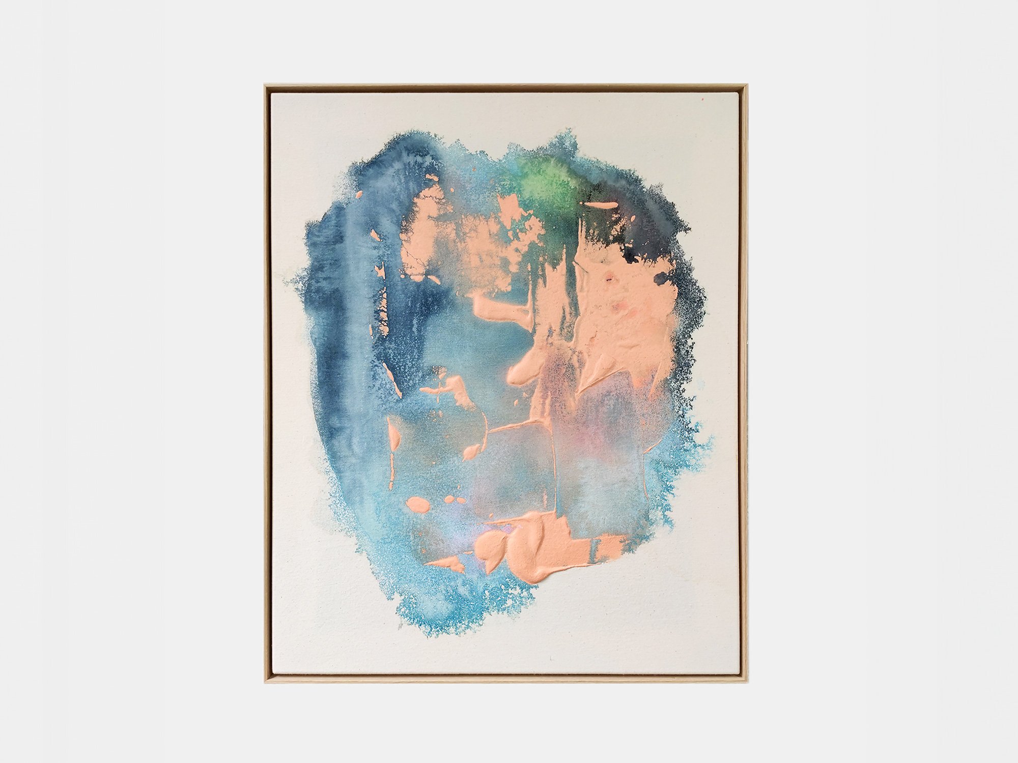 Abstract painting by Karen van de Vliet titled I Am A Lot Like You, featuring soft peach and deep blue tones layered in thick textures on canvas, 80 × 65 cm, in a natural wood frame.