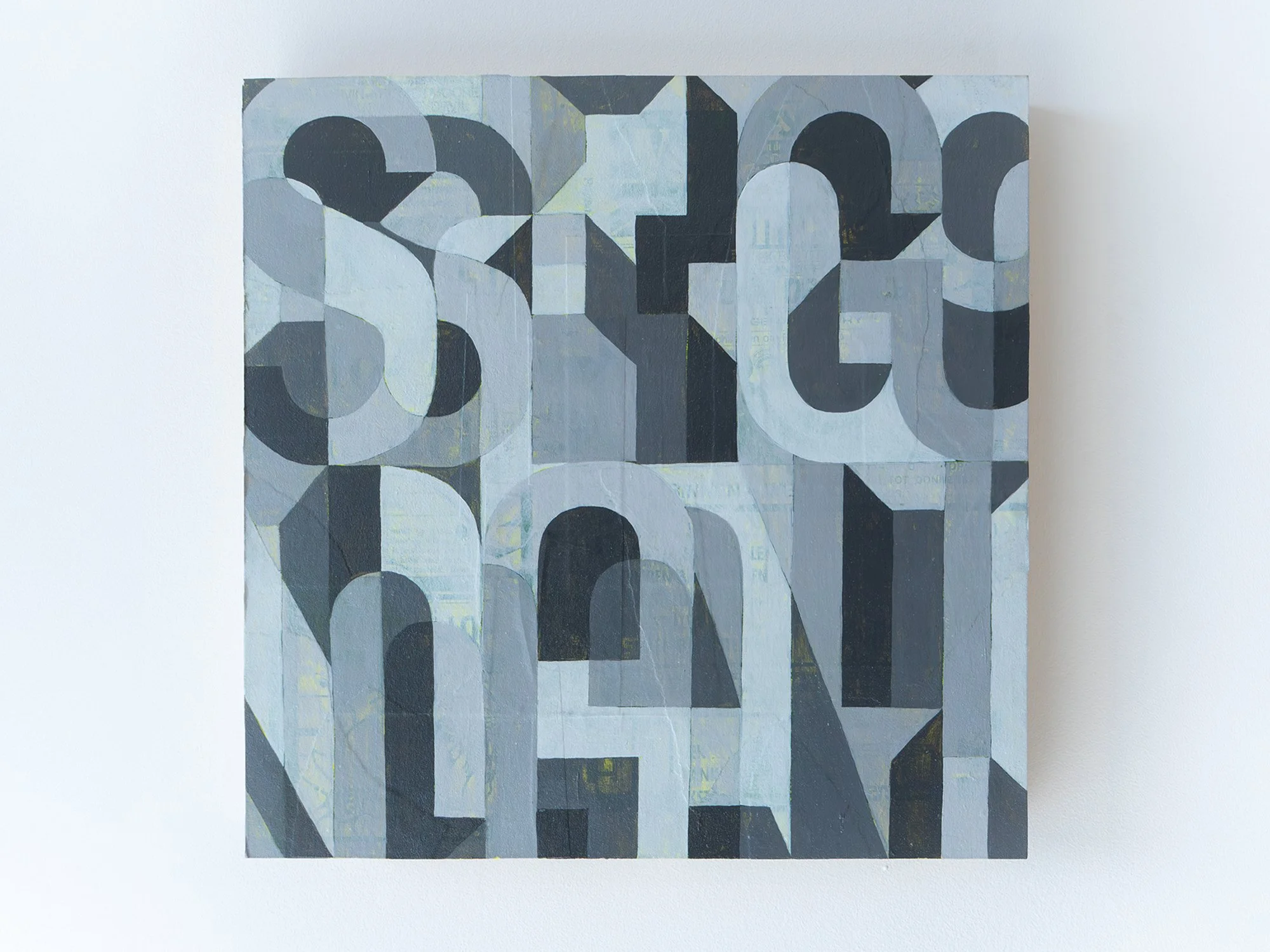 Signal by Saïd Kinos, a blue-grey painted collage with oversized overlapping letterforms on wood.